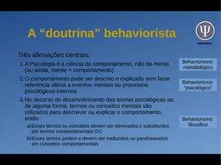 UNIFESSPA
A “doutrina” behaviorista
Três afirmações centrais:
1.A Psicologia é a ciência do comportamento, não da mente
(ou ainda, mente = comportamento)
2.O comportamento pode ser descrito e explicado sem fazer
referência última a eventos mentais ou processos
psicológicos internos
3.No decurso do desenvolvimento das teorias psicológicas se,
de alguma forma, termos ou conceitos mentais são
utilizados para descrever ou explicar o comportamento,
então
a)Esses termos ou conceitos devem ser eliminados e substituídos
por termos comportamentais OU
b)Esses termos podem e devem ser traduzidos ou parafraseados
em conceitos comportamentais
Behaviorismo
metodológico
Behaviorismo
“psicológico”
Behaviorismo
filosófico
 