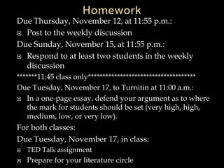 Due Thursday, November 12, at 11:55 p.m.:
 Post to the weekly discussion
Due Sunday, November 15, at 11:55 p.m.:
 Respond to at least two students in the weekly
discussion
*******11:45 class only*************************************
Due Tuesday, November 17, to Turnitin at 11:00 a.m.:
 In a one-page essay, defend your argument as to where
the mark for students should be set (very high, high,
medium, low, or very low).
For both classes:
Due Tuesday, November 17, in class:
 TED Talk assignment
 Prepare for your literature circle
 