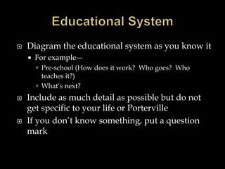  Diagram the educational system as you know it
 For example—
 Pre-school (How does it work? Who goes? Who
teaches it?)
 What’s next?
 Include as much detail as possible but do not
get specific to your life or Porterville
 If you don’t know something, put a question
mark
 