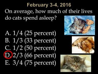 On average, how much of their lives
do cats spend asleep?
A. 1/4 (25 percent)
B. 1/3 (33 percent)
C. 1/2 (50 percent)
D. 2/3 (66 percent)
E. 3/4 (75 percent)
 