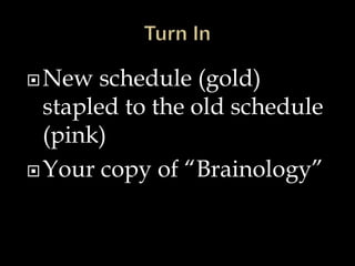 New schedule (gold)
stapled to the old schedule
(pink)
Your copy of “Brainology”
 