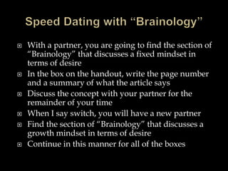  With a partner, you are going to find the section of
“Brainology” that discusses a fixed mindset in
terms of desire
 In the box on the handout, write the page number
and a summary of what the article says
 Discuss the concept with your partner for the
remainder of your time
 When I say switch, you will have a new partner
 Find the section of “Brainology” that discusses a
growth mindset in terms of desire
 Continue in this manner for all of the boxes
 