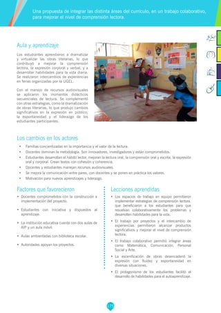 175
Factores que favorecieron
•	 Docentes comprometidos con la construcción e
implementación del proyecto.
•	 Estudiantes con iniciativa y dispuestos al
aprendizaje.
•	 La institución educativa cuenta con dos aulas de
AIP y un aula móvil.
•	 Aulas ambientadas con biblioteca escolar.
•	 Autoridades apoyan los proyectos.
Lecciones aprendidas
•	 Los espacios de trabajo en equipo permitieron
implementar estrategias de comprensión lectora,
que beneficiaron a los estudiantes para que
resuelvan colaborativamente los problemas y
desarrollen habilidades para la vida.
•	 El trabajo por proyectos y el intercambio de
experiencias permitieron alcanzar productos
significativos y mejorar el nivel de comprensión
lectora.
•	 El trabajo colaborativo permitió integrar áreas
como Matemática, Comunicación, Personal
Social y Arte.
•	 La escenificación de obras desencadenó la
expresión con fluidez y espontaneidad en
diversas situaciones.
•	 	El protagonismo de los estudiantes facilitó el
desarrollo de habilidades para el autoaprendizaje.
Aula y aprendizaje
Los estudiantes aprendieron a dramatizar
y virtualizar las obras literarias, lo que
contribuyó a mejorar la comprensión
lectora, la expresión corporal y verbal, y a
desarrollar habilidades para la vida diaria.
Se realizaron intercambios de experiencias
en ferias organizadas por la UGEL.
Con el manejo de recursos audiovisuales
se aplicaron los momentos didácticos
secuenciales de lectura. Se complementó
con otras estrategias, como la dramatización
de obras literarias, lo que produjo cambios
significativos en la expresión en público,
la espontaneidad y el liderazgo de los
estudiantes participantes.
Los cambios en los actores
•	 Familias concientizadas en la importancia y el valor de la lectura.
•	 Docentes dominan la metodología. Son innovadores, investigadores y están comprometidos.
•	 Estudiantes desarrollan el hábito lector, mejoran la lectura oral, la comprensión oral y escrita, la expresión
oral y corporal. Crean textos con cohesión y coherencia.
•	 Docentes y estudiantes manejan recursos audiovisuales.
•	 Se mejora la comunicación entre pares, con docentes y se ponen en práctica los valores.
•	 Motivación para nuevos aprendizajes y liderazgo.
Una propuesta de integrar las distinta áreas del currículo, en un trabajo colaborativo,
para mejorar el nivel de comprensión lectora.
 