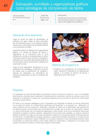 176
Elizabeth Carhuamaca Pariona (coordinadora),
Vilma Tapahuasco Saldaña, Pompeyo Chuchón
Añaños, Edna Angélica Orihuela Mantari.
Propuesta
La capacidad que permite desarrollar conocimientos recibe el nombre de cognición, que es la habilidad
para asimilar y procesar datos, valorando y sistematizando la información a la que se accede a partir de la
experiencia, la percepción u otras vías. Los procesos cognitivos son los que lleva a cabo el ser humano para
incorporar conocimientos.
Se define a los procesos pedagógicos como “actividades que desarrolla el docente de manera intencional
con el objeto de mediar en el aprendizaje significativo del estudiante” y, en general son: Motivación, el
cual el docente crea las condiciones, despierta y mantiene el interés por el aprendizaje; Recuperación de
los saberes previos, conocimientos que el estudiante trae consigo, que se activan al comprender o aplicar
un nuevo conocimiento con la finalidad de organizarlo y darle sentido, es lo que el estudiante utiliza para
interpretar la realidad; Conflicto cognitivo, desequilibrio de las estructuras mentales, se produce cuando la
persona se enfrenta con algo que no puede comprender o explicar con sus propios saberes; Procesamiento de
la información, se desarrollan los procesos cognitivos u operaciones mentales; Aplicación, es la ejecución de
la capacidad en situaciones nuevas; Reflexión, es el proceso mediante el cual el estudiante reconoce sobre
lo aprendido, los pasos que realizó y cómo puede mejorar su aprendizaje; y, Evaluación, es el proceso que
permite reconocer los aciertos y errores para mejorar el aprendizaje.
Participantes:
Subrayado, sumillado y organizadores gráficos
como estrategias de comprensión de textos
Descripción de la experiencia
Luego de revisar los datos de aprendizajes, se
verificaron los bajos niveles de logro alcanzados
por los estudiantes ante lo cual el equipo propuso
diversas formas de fortalecer las habilidades lectoras
y de comprensión de textos.
Se decidió introducir la elaboración de organizadores
gráficos y el manejo de técnicas de lectura y
organización de la información para lo cual,
utilizando los círculos de interaprendizaje, se buscó
información sobre técnicas de lectura (subrayado y
parafraseo) así como sobre organizadores gráficos lo
que sirvió para unificar criterios sobre su elaboración
y aplicación en aula.
Luego de esta capacitación cooperativa en el uso
apropiado de las estrategias, se realizaron reuniones
de trabajo para la planificación de unidades y
sesiones de aprendizaje, se desarrollaron las
sesiones de aprendizaje y, al final, se verificaron los
resultados.
Objetivos de la experiencia
•	 Fortalecer las competencias de comprensión de
textos mediante la elaboración de organizadores
gráficos y el manejo de técnicas de lectura y
organización de la información.
61
Institución educativa
N.º 046 Víctor Raúl Haya de la
Torre
Distrito Ate
Provincia Lima
Región Lima
 