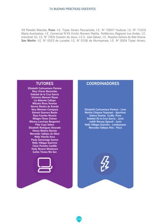 206
COORDINADORESTUTORES
Elizabeth Carhuamaca Pariona
Nory Vinces Benavides
Soledad de la Cruz García
Victorino Mamani Reyes
Liz Alderete Callupe
Miluska Rivas Huertas
Norma Diestra de Aranda
Yeny Meneses Cariapaza
Giovani Guevara Bazán
Rosa Fuentes Nicacio
Milagro Flores Chávez
Mónica Lanchipa Bergamini
Pilar Cuya Valera
Elizabeth Rodríguez Alvarado
Henny Medina Barrios
Mercedes Vallejos de Otero
Nelly Vilavila Anco
Paulo Samaniego Gavino
Nelly Villegas Guerrero
César Paredes Castillo
Hady Álvarez Mostacero
Carlos Távara Ma San
Elizabeth Carhuamaca Pariona - Lima
Martha Chipana Yupanqui - Apurímac
Sabina Dueñas Ccalla- Puno
Soledad De la Cruz García . Junín
Judith Recuay Egoavil - Junín
Nelly Villegas Guerrero - Lambayeque
Mercedes Vallejos Ríos - Piura
74 BUENAS PRÁCTICAS DOCENTES
49 Paredes Maceda; Puno: I.E. Túpac Amaru Paucarcolla, I.E. Nº 70047 Huáscar, I.E. Nº 71016
María Auxiliadora, I.E. Comercial N°45 Emilio Romero Padilla, Politécnico Regional Los Andes, I.E.
Industrial 32, I.E. N° 7005 Corazón de Jesús, I.E.S. José Gálvez, I.E. Nuestra Señora de Alta Gracia;
San Martín: I.E. N° 0523 de Lucadar, I.E. N° 0106 de Atumpampa, I.E. N° 0004 Túpac Amaru.
 