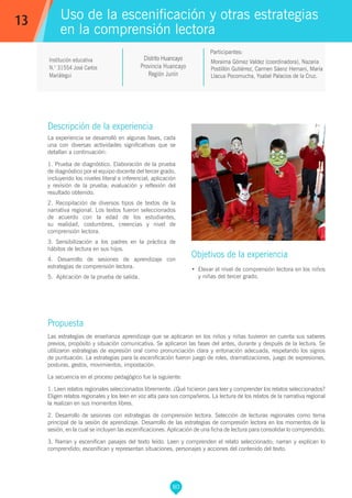 80
Moraima Gómez Valdez (coordinadora), Nazaria
Postillón Gutiérrez, Carmen Sáenz Hernani, María
Llacua Pocomucha, Ysabel Palacios de la Cruz.
Participantes:
Uso de la escenificación y otras estrategias
en la comprensión lectora
Objetivos de la experiencia
•	 Elevar el nivel de comprensión lectora en los niños
y niñas del tercer grado.
13
Institución educativa
N.° 31554 José Carlos
Mariátegui
Descripción de la experiencia
La experiencia se desarrolló en algunas fases, cada
una con diversas actividades significativas que se
detallan a continuación:
1. Prueba de diagnóstico. Elaboración de la prueba
de diagnóstico por el equipo docente del tercer grado,
incluyendo los niveles literal e inferencial; aplicación
y revisión de la prueba; evaluación y reflexión del
resultado obtenido.
2. Recopilación de diversos tipos de textos de la
narrativa regional. Los textos fueron seleccionados
de acuerdo con la edad de los estudiantes,
su realidad, costumbres, creencias y nivel de
comprensión lectora.
3. Sensibilización a los padres en la práctica de
hábitos de lectura en sus hijos.
4. Desarrollo de sesiones de aprendizaje con
estrategias de comprensión lectora.
5. Aplicación de la prueba de salida.
Propuesta
Las estrategias de enseñanza aprendizaje que se aplicaron en los niños y niñas tuvieron en cuenta sus saberes
previos, propósito y situación comunicativa. Se aplicaron las fases del antes, durante y después de la lectura. Se
utilizaron estrategias de expresión oral como pronunciación clara y entonación adecuada, respetando los signos
de puntuación. La estrategias para la escenificación fueron juego de roles, dramatizaciones, juego de expresiones,
posturas, gestos, movimientos, impostación.
La secuencia en el proceso pedagógico fue la siguiente:
1. Leen relatos regionales seleccionados libremente. ¿Qué hicieron para leer y comprender los relatos seleccionados?
Eligen relatos regionales y los leen en voz alta para sus compañeros. La lectura de los relatos de la narrativa regional
la realizan en sus momentos libres.
2. Desarrollo de sesiones con estrategias de comprensión lectora. Selección de lecturas regionales como tema
principal de la sesión de aprendizaje. Desarrollo de las estrategias de compresión lectora en los momentos de la
sesión, en la cual se incluyen las escenificaciones. Aplicación de una ficha de lectura para consolidar lo comprendido.
3. Narran y escenifican pasajes del texto leído. Leen y comprenden el relato seleccionado; narran y explican lo
comprendido; escenifican y representan situaciones, personajes y acciones del contenido del texto.
Distrito Huancayo
Provincia Huancayo
Región Junín
 