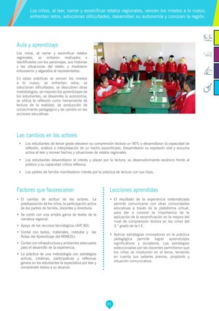 81
Aula y aprendizaje
Los niños, al narrar y escenificar relatos
regionales, se sintieron motivados e
identificados con los personajes, sus historias
y las situaciones del relato, y mostraron
entusiasmo y algarabía al representarlos.
En estas prácticas se vencen los miedos
a lo nuevo; se enfrentan retos; se
solucionan dificultades; se descubren otras
metodologías; se mejoran los aprendizajes de
los estudiantes; se desarrolla la autonomía;
se utiliza la reflexión como herramienta de
lectura de la realidad, de producción de
conocimiento pedagógico y de cambio en las
acciones educativas.
Los cambios en los actores
•	 Los estudiantes de tercer grado elevaron su comprensión lectora un 90% y desarrollaron la capacidad de
reflexión, análisis e interpretación de un hecho escenificado. Desarrollaron su expresión oral y escucha
activa al leer y recrear hechos y situaciones de relatos regionales.
•	 Los estudiantes desarrollaron el interés y placer por la lectura, su desenvolvimiento escénico frente al
público y su capacidad crítica reflexiva.
•	 Los padres de familia manifestaron interés por la práctica de lectura con sus hijos.
Los niños, al leer, narrar y escenificar relatos regionales, vencen los miedos a lo nuevo,
enfrentan retos, solucionan dificultades, desarrollan su autonomía y conocen la región.
Factores que favorecieron
•	 El cambio de actitud de los actores. La
predisposición de los niños, la participación activa
de los padres de familia, docentes y directivos.
•	 Se contó con una amplia gama de textos de la
narrativa regional.
•	 Apoyo de los recursos tecnológicos (AIP, XO).
•	 Contar con textos, materiales, módulos y las
Rutas del Aprendizaje del MINEDU.
•	 Contar con infraestructura y ambientes adecuados
para el desarrollo de la experiencia.
•	 La práctica de una metodología con estrategias
activas, creativas, participativas y reflexivas
genera en los estudiantes la expectativa por leer y
comprender textos a su alcance.
Lecciones aprendidas
•	 El resultado de la experiencia sistematizada
permite comunicarse con otras comunidades
educativas a través de la plataforma virtual,
para dar a conocer la importancia de la
aplicación de la escenificación en la mejora del
nivel de comprensión lectora en los niños del
3.° grado de la I.E.
•	 Aplicar estrategias innovadoras en la práctica
pedagógica permite lograr aprendizajes
significativos y duraderos. Las estrategias
seleccionadas por las docentes permitieron que
los niños se involucren en el tema, teniendo
en cuenta sus saberes previos, propósito y
situación comunicativa.
 
