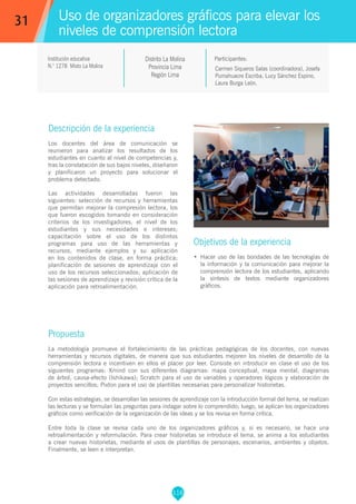 116
Carmen Siqueros Salas (coordinadora), Josefa
Pumahuacre Escriba, Lucy Sánchez Espino,
Laura Burga León.
Propuesta
La metodología promueve el fortalecimiento de las prácticas pedagógicas de los docentes, con nuevas
herramientas y recursos digitales, de manera que sus estudiantes mejoren los niveles de desarrollo de la
comprensión lectora e incentiven en ellos el placer por leer. Consiste en introducir en clase el uso de los
siguientes programas: Xmind con sus diferentes diagramas: mapa conceptual, mapa mental, diagramas
de árbol, causa-efecto (Ishikawa); Scratch para el uso de variables y operadores lógicos y elaboración de
proyectos sencillos; Pixton para el uso de plantillas necesarias para personalizar historietas.
Con estas estrategias, se desarrollan las sesiones de aprendizaje con la introducción formal del tema, se realizan
las lecturas y se formulan las preguntas para indagar sobre lo comprendido; luego, se aplican los organizadores
gráficos como verificación de la organización de las ideas y se los revisa en forma crítica.
Entre toda la clase se revisa cada uno de los organizadores gráficos y, si es necesario, se hace una
retroalimentación y reformulación. Para crear historietas se introduce el tema, se anima a los estudiantes
a crear nuevas historietas, mediante el usos de plantillas de personajes, escenarios, ambientes y objetos.
Finalmente, se leen e interpretan.
Participantes:
Uso de organizadores gráficos para elevar los
niveles de comprensión lectora
Descripción de la experiencia
Los docentes del área de comunicación se
reunieron para analizar los resultados de los
estudiantes en cuanto al nivel de competencias y,
tras la constatación de sus bajos niveles, diseñaron
y planificaron un proyecto para solucionar el
problema detectado.
Las actividades desarrolladas fueron las
siguientes: selección de recursos y herramientas
que permitan mejorar la compresión lectora, los
que fueron escogidos tomando en consideración
criterios de los investigadores, el nivel de los
estudiantes y sus necesidades e intereses;
capacitación sobre el uso de los distintos
programas para uso de las herramientas y
recursos, mediante ejemplos y su aplicación
en los contenidos de clase, en forma práctica;
planificación de sesiones de aprendizaje con el
uso de los recursos seleccionados; aplicación de
las sesiones de aprendizaje y revisión crítica de la
aplicación para retroalimentación.
Objetivos de la experiencia
•	 Hacer uso de las bondades de las tecnologías de
la información y la comunicación para mejorar la
comprensión lectora de los estudiantes, aplicando
la síntesis de textos mediante organizadores
gráficos.
31
Institución educativa
N.° 1278 Mixto La Molina
Distrito La Molina
Provincia Lima
Región Lima
 