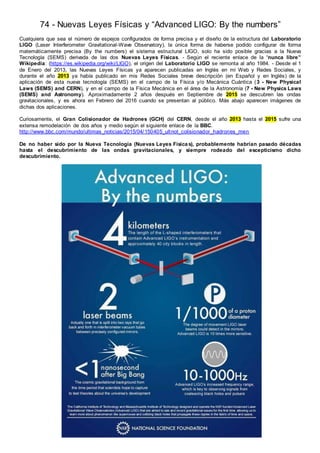 74 - Nuevas Leyes Físicas y “Advanced LIGO: By the numbers”
Cualquiera que sea el número de espejos configurados de forma precisa y el diseño de la estructura del Laboratorio
LIGO (Laser Interferometer Gravitational-Wave Observatory), la única forma de haberse podido configurar de forma
matemáticamente precisa (By the numbers) el sistema estructural LIGO, solo ha sido posible gracias a la Nueva
Tecnología (SEMS) derivada de las dos Nuevas Leyes Físicas. - Según el reciente enlace de la “nunca libre”
Wikipedia: (https://es.wikipedia.org/wiki/LIGO), el origen del Laboratorio LIGO se remonta al año 1984. - Desde el 1
de Enero del 2013, las Nuevas Leyes Físicas ya aparecen publicadas en Inglés en mi Web y Redes Sociales, y
durante el año 2013 ya había publicado en mis Redes Sociales breve descripción (en Español y en Inglés) de la
aplicación de esta nueva tecnología (SEMS) en el campo de la Física y/o Mecánica Cuántica (3 - New Physical
Laws (SEMS) and CERN), y en el campo de la Física Mecánica en el área de la Astronomía (7 - New Physics Laws
(SEMS) and Astronomy). Aproximadamente 2 años después en Septiembre de 2015 se descubren las ondas
gravitacionales, y es ahora en Febrero del 2016 cuando se presentan al público. Más abajo aparecen imágenes de
dichas dos aplicaciones.
Curiosamente, el Gran Colisionador de Hadrones (GCH) del CERN, desde el año 2013 hasta el 2015 sufre una
extensa remodelación de dos años y medio según el siguiente enlace de la BBC.
http://www.bbc.com/mundo/ultimas_noticias/2015/04/150405_ultnot_colisionador_hadrones_men
De no haber sido por la Nueva Tecnología (Nuevas Leyes Física s), probablemente habrían pasado décadas
hasta el descubrimiento de las ondas gravitacionales, y siempre rodeado del escepticismo dicho
descubrimiento.
 