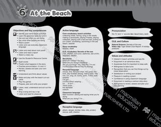 w
Objectives and key competences
	•	Identify and name beach activities
	 •	Learn the grammar table for Unit 6
	 •	Ask and say what you are doing
	 •	Say what other people are doing
	 •	Read a poem
	 •	Listen and use everyday classroom
language
	•	Listen and read about rock pools
	 •	Listen and read a report
	 •	Watch a video clip
	•	Use the Student’s Resource Centre
	•	Spell words
	 •	Predict what happens in the story
	 •	Practise pronunciation: /b/ and /v/
	 •	Review, assess and plan your own
learning
	•	Understand and think about values
	•	Make and play with the beach cut-out
cards
	 •	Play the games
	 •	Prepare, plan and write your project
	•	Listen, read, understand and act out the
story
	 •	Sing a song and say a rap
	 •	Listen and read for pleasure
Receptive language
attack, danger, donkey rides, kite, protect,
rescue, safe, shadow
Pronunciation
the /b/ and /v/ sounds (bat, beach/very, vest)
CLIL and Culture
Natural Science: Secrets of the sea
Video clip: Tiger Street Club Report: A holiday
postcard
Values and attitudes
•	 Interest in beach activities and sea life
•	 Enjoyment in an adventure story
•	 Awareness that it’s important to keep safe
•	 Willingness to take turns
•	 Recognition that you can find things out by
close observation
•	 Satisfaction in writing your project
•	 Pleasure in reading a poem
•	 Confidence in using classroom language
•	 Enjoyment in reading a cartoon strip story
•	 Willingness to review, assess and plan your
own learning
Active language
Core vocabulary: beach activities
collecting shells, fishing, lying in the shade,
making a sandcastle, playing Frisbee, playing
volleyball, playing with a bat and ball, putting on
sun cream, snorkelling, swimming in the sea
beach, seaside
Story vocabulary
dolphin, shark
CLIL vocabulary: Secrets of the sea
crab, jellyfish, rock pool, seahorse, sea urchin,
seaweed, starfish
Structures
What am I doing? You’re …
What are you doing? I’m/We’re …
Are you (running)? Yes, I am./No, I’m not.
I’m/He’s/She’s/We’re/They’re (fishing).
Recycled language
cloudy, dive, fish and chips, hot, jump, live,
look, play football, raining, read a book, ride,
row, run, sing, sit, sunny, swim, T-shirt, walk,
weather
I’ve got …
I’m/He’s/She’s wearing …
It’s … /It isn’t …
There is/are …
the alphabet
colours
Classroom language
Main function: asking and saying what you’re
doing	
What are you doing? I’m …
At the BeachAt the Beach6
9780230483682_text_p29-196.indd 125 21/10/2014 17:59
 