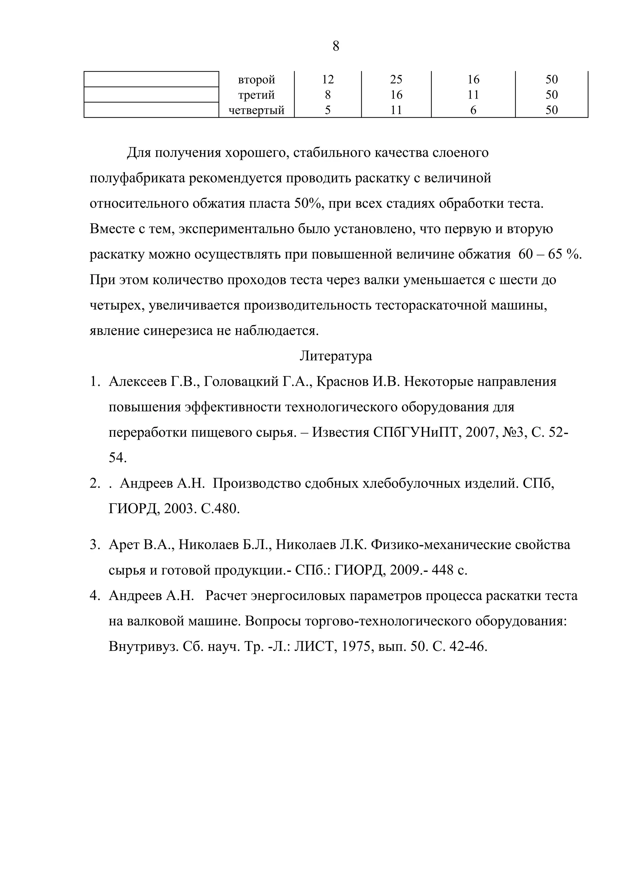 8
второй 12 25 16 50
третий 8 16 11 50
четвертый 5 11 6 50
Для получения хорошего, стабильного качества слоеного
полуфабриката рекомендуется проводить раскатку с величиной
относительного обжатия пласта 50%, при всех стадиях обработки теста.
Вместе с тем, экспериментально было установлено, что первую и вторую
раскатку можно осуществлять при повышенной величине обжатия 60 – 65 %.
При этом количество проходов теста через валки уменьшается с шести до
четырех, увеличивается производительность тестораскаточной машины,
явление синерезиса не наблюдается.
Литература
1. Алексеев Г.В., Головацкий Г.А., Краснов И.В. Некоторые направления
повышения эффективности технологического оборудования для
переработки пищевого сырья. – Известия СПбГУНиПТ, 2007, №3, С. 52-
54.
2. . Андреев А.Н. Производство сдобных хлебобулочных изделий. СПб,
ГИОРД, 2003. С.480.
3. Арет В.А., Николаев Б.Л., Николаев Л.К. Физико-механические свойства
сырья и готовой продукции.- СПб.: ГИОРД, 2009.- 448 с.
4. Андреев А.Н. Расчет энергосиловых параметров процесса раскатки теста
на валковой машине. Вопросы торгово-технологического оборудования:
Внутривуз. Сб. науч. Тр. -Л.: ЛИСТ, 1975, вып. 50. С. 42-46.
 