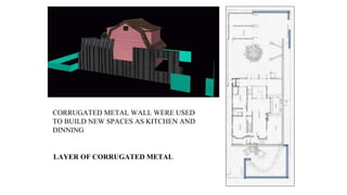CORRUGATED METAL WALL WERE USED
TO BUILD NEW SPACES AS KITCHEN AND
DINNING
LAYER OF CORRUGATED METAL
 