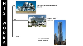 2011
2011
2007 LOU RUVO CENTRE FOR BRAIN HEALTH,
CHICAGO
8 SPRUCE STREET,
NEWYORK
NEW WORLD CENTRE,
FLORIDA ,TORONTO
H
I
S
W
O
R
K
S
 