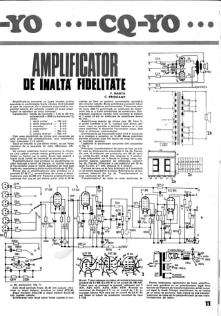 I~
II
IIIIII~I
DE IIAlTA'. fiDEliTATE
Amplificaforul prezentat se poate încadra prrntre
aparatele cu performanţe foarte ridicate, fiind totodată
şi uşor de construit. Cu o oarecare experienţă şi res-
pectind valorile din s'chemă, credem că acest ampli-
ficator va satisface pe orice meloman.
Caracteristici: banda de frecvenţă - 2 Hz la 100 kHz
puterea uiilă-20W cu distorsiune 1%;
intrări:
1. doză cristal - 150 mV
2. doză magnetică 9 mV
3. microfon 6 mV
4. magnetofon 3 mV
5. radio - 250 mV
6. intrare diversă - 250 mV
Cele şase posibilităţi de intrare sînt conectate pe
grila primului tub preamplificator, prin intermediul
unui comutator 2x6 poziţii.
Dacă se renunţă la una dintre intrări, se pot folosi
claviaturi de la aparatele de radio «Mamaia», «Al-
batros».
Un contact stabileşte nivelul semnalului la intrare,
pe cînd ce~ălalt comută reacţia grilă-anod În confor-
mitate cu fiecare caz În parte. Acest fapt asigură o
foarte bună bandă de frecvenţă la amplificare.
PreamplificatOl'ul este prevăzut cu posibilitatea re-
glării manuale a benzii de trecere, cu control separat
al frecvenţelor joase şi inalte. Zgomotul de fond· este
foarte mic, asemenea şi distorsiunile introduse (0,15%).
Primul etaj al ~mplificatorului. este prevăzut cu o
pentodă EF 86 (T3)' .sensibilitatea de· intrare a ampli-
ficatorului este de 200 mV. Folosind preamplificatorul
prezentat mai ·sus, se pot obţine puteri pînă la 30 W
5.6M 22.0K
cu 5% distorsiuni. (fig. 1)
Cele ·două pentode finale EL 34 sînt cuplate ultra.,..
liniar cu etajul defazor, prevăzut cu tubul ECC 83.
Etajulexcitator EC(c) 83 şi etajul defazor E(c)C 83
sint cuplate catodic.
Echilibrarea celor două tuburi finale cuplate in con-
f. MARTA
C. fRIDGANT
tratimp se face cu ajutorul rezistenţeior ajustabile
din circuitul catodic. Buna echilibrare a acestor tuburi
duce la îmbunătăţirea performanţelor. Tensiunea mare
de lucru (350 V) generează un coeficient de distor-
siuni mic şi o bună posibilitate de simetrizare. Dez-
avantajul cuplajului catodic între excitator şi defazor
ar fi acela că are un coeficient de amplificare destul
de mic.
Amplificarea etajului de intrare este 120. Între T2
şi prima jumătate a lui ~ cuplajul este direct, gal-
vanic, ceea ce permite o minimă defazare şi o mai
mare stabilitate În domeniul frecvenţelor joase, dată
fiind şi utilizarea contrareacţiei.
Contrareacţia pe frecvenţele Înalte intră in funcţiune
la o creştere a acestora cu 10 dB. Marea stabilitate
permite utilizarea unor fire destul de lungi de c!Jplaj,
cu incintele acustice.
. Legăturile la picioruşele soclurilor sînt prezentate
În fig. 3.
Principial, transformatorul de ieşire se face pe tole
EI, care au dimensiunile prezentate in fig. 2a. Fiecare
din cele 10 înfăşurări ale primarului are 190 de spire
cu sîrmă Cu-Em, ţ) 0,25· mm, dispuse În 4 straturi.
Toate infăşurările vor fi făcute În acelaşi sens, res-
pectînd legarea capetelor de infăşurare, conform
fig. 2b. Fiecare înfăşurare a secundarului are 30 de
spire Cu-Em, ţ) 1 mm, dispuse În 2 straturi.
Carcasa pe care se va face bobinajui va fi prevăzută
cu un perete despărţitor la mijloc. Bobinarea se va face
conform tabelului din fig. 2c. Transformatorul va
avea secţiunea de 25 cm2 •
Transformatorul de reţea va avea sectiunea de
8
7.
30 cnfl. Tubul redresor va trebui să reziste la tensiunea
anodicăde 2x500 (2x410 V) şi un curent de 180 mA.
Tuburi care se pretează la această redresare pot fi
AZ1, AZ4, AZ11, AZ12, AZ21, AZ31. Acestea au
tensiunea de filament 4 V cu un curent de 1 A, cu
excepţia tubului AZ4 care are un curent de. 2,4 A. Se
pot folosi $ituburi de producţie ţ;ovietică de tipul
5T35. .
•
15K
r-t----------I..-v+44"OV
IlO
g2iIo-----I
aj[o----,...-. ---Ir";:;'"
-l:- ÎNCEPUT
S-sFÎRşir
150
25
o..
:~
ClJo.. OOQ. ("/.)Q.
T.:51-
a::: VI 0..Gt'l Q.GI?
25
le
I 25 I 25 25
2a
200.n
116""1:-500.0.
.'----FjLA~NT
---..REORESOARE
220
o.. fi.) Q.
R
1
Pentru inlaturarea zgomotului de fond,. amplifica-
torul este prevăzut .cu un potenţiometru legat între
bornele de filament ale transformatorului; avind curso-
rul legat la masă. lnt.regul amplificator se va realiza
pe un şasiu de aluminiu: Este indicat ca axa transfor-
matorului de reţea să fie perpendiculară pe axa Uans-
fQrmatorului de jeşire.
n
 