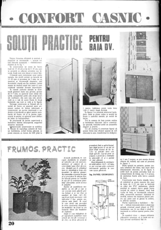 cm si
cu plă~uţe ceramice sau fa-
este placat şi restul
apoi executarea unui cadru
metalic, din cornier cu de
15-20 mm grosimea de 3
material se recomandă alulminilll, otel
inoxidabil, alamă sau fier nichelat, tinî~d
seama de mediul umed din came-,·i, care
oxidează metalele feroase neprotejate.
În ramele cadrului metalic se mon-
tează geamuri mate sau givrate, groase
de 4-5 mm, cu ajutorul unor c1eme din
tablă, completînd astfel cele două laturi
ale «cabinei», din care una este prevă­
zută cu o uşă de acces fixată în două
ba!amale, aşa cum se vede şi în figură.
Intreaga construcţie se fixează atît în
soclul de beton cu ajutorul unor ari-
pioare sudate de latura inferioară a
construcţiei, pe partea interioară a ca-
drului şi prevăzută cu găuri pentru şuru­
burile de fixare, Cît şi la partea supe-
rioară, în perete, cu ajutorul unor dibluri
de lemn cu holzsuruburi.
Se precizează Că partea superioară a
închiderii rămîne descoperită, asigurînd
aerisirea necesară.
Dimensiunile constructiei se stabilesc
în itincţie de suprafaţa camerei de baie,
iar închiderea,. avînd forma pătrată, se
poate executa cu latura de 0,80 pînă la
20
1 metru; înălţimea poate varia între
1,80 x 2 metri, după dorintă.
În figura 2 se prezintă interiorul închi-
derii, unde se poate vedea şi modul de
fixare a cadrului metalic pe soclul de
beton.
Tot în camera de baie putem realiza
si închiderea chiuvetei Într-o construc-
ţie specială, realizînd 'a~tfel un a'nsamblu
elegant şi practic.
Un alt avantaj îl constituie faptul că
putem folosi mai eficient spaţiu} de sub
chiuvetă în care, transformat în dulăpior,
Această jardinieră, în con-
cep!ie .modulară, Îşi propune
să valorifice un colţ oarecare.
nefolosit. al camerei de zi.
rezervîndu-I unor flori decora-
tive. Modulii pot fi schimbaţi
intre ei, obţinîndu-se lesne alte
incadr4ri, În dilerite planuri.
RecQmandăm ca pentru inceput
să se procedeze la tăierea feţe­
lor laterale pentru cei 5 modu/i
in aşa fel ca orientarea pane-
fului (placajului) să fie aceea}'Î
În lungime.
Înainte de asamblarea mo-
dulilor cu clei alb şi cuie se
vor executa toate găurile pen-
tru bolfuri şi se vor cu
şuruburi de lemn x 30)
şipcile pe feţele interioare (sÎnt
suficiente 2 buc. pentru sus-
ţinerea unui fund). În cazul
i'n care doriţi' sau prevedeţi
i'n viitor reaşezarea ansamblu-
lui modulilor, nu fixaţi cu clei
bolfurile libere" ale modulilor
de legătură.
După ce s-au îndepărtat de
pe asamblate toate
clei, alb (eventual }'i
de chit) cu hîrtie abrazivă de
granulaţie fină. se aplică baiţul;
apoi după uscare se vor da cel
putin 'două straturi de lac in-
color cu polizări ,intre cele
două aplicări. Lucrul atent va
asigura o proţecţie a lemnului
la umezeală cît şi o patină
cît mai plăcută.
Dacă dispunem in continuare
de tablă subţire (0,25 --0,5 mm),
se pot executa prin cositorire
interioarele ::ipaţil!or in care
vom aşeza ghivece!e.
Ing. DANIEL GEORGESCU
FUND
~6X2fOX210
~'
I I
""",,~::z:;~~~-,..I
cu 1 sau 2 etajere, se pot aranja diverse
obiecte de toaletă, aşa cum se prezintă
în figura 3.
Dacă spaţiul ne permite, putem exe-
cuta scheletul din lemn, mai mare decît
dimensiunile chiuvetei, ca în figura 4,
astfel încît să putem prevedea încă un
compartiment de dulap, sau 3-'4 sertare,
de asemenea foarte utile Într-o cameră
de baie.
Construcţia este foarte simplă, Întru-
cît scheletul se poate executa din şipci
de lemn de· 2-2,5 cm care se îmbracă
cu plăci din PVC melaminat, plăcile
existînd in comerţ într-o gamă foarte
variată' de culori şi desene; fiind Însă
vo.rba de baie, se recomandă culoarea
aibă; accesoriile necesare: balamale de
mobilă, mînere din material plastic pen-
tru uşi, piese care se găsesc în comerţ,
În diferite modele.
Partea superioară a închiderii -- bla-
tul trebuie executată dintr-o placă mai
groasă, eventual panel placat cu PVC
melaminat, sau în caz ideal o placă de
marmură cu orificiu special pentru chiu-
numărul viitor -- despre utilizarea
pl~LclllteJlor cît unele noi so-
privind dv.
 