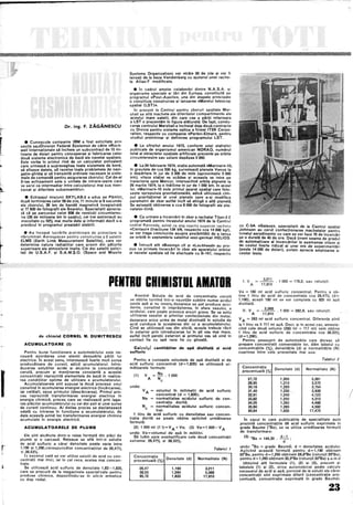 I
Dr. ing. F. ZĂGĂNESCU
• Cunoscuta companie IBM a fost solicitata prin
secţia sa,«Division Federal Systems» de către «Rock-
wellinternational» să incheie un subcontract de 15 mi-
lioane de dolari pentru conceperea şi fabricarea celor
două sisteme electronice de bază ale navetei spaţiale.
Este vorba in primul rînd de un calculator pOlivalent
care urmează a supraveghea toate sistemele de bord,
să afişeze datele, să rezolve toate problemele de navi-
,gatie-ghidaj şi să transmită ordinele necesare la siste-
mele de comandă pentru asigurarea zborului. Cel de-al
2-lea echipament este o unitate de intrare-ieşire care
va servi ca intermediar între calculatorul mai sus men-
ţionat şi diferitele subansambluri.
• Echipajul misiunii SKYlAB-2 a adus pe Pămînt,
după terminarea celor 59 de zile, 11 minute şi 9 secunde
ale zborului, 29 km de bandă magnetică înregistrată
şi 77 600 de fotografii ale Soarelui. Specialiştii aprecia-
ză că pe parcursul celor 858 de revoluţii circumteres-
tre (39 de milioane km În spaţiu), cei trei astronauţi au
«recoltat» cu 50% mai multe date şi informaţii decît s-a
prevăzut în programul prealabil stabilit.
• Au inceput lucrările preliminare de proiectare la
«Grumman Aerospace» pentru construirea a 2 sateliţi
ElMS (Earth Limb Measurement Satellite), care vor
determina natura radiaţiilor care provin din păturile
superioare ale atmosferei inalte. Cei doi sateliţi solici-
taţi de U.S.A.F. şi S.A.M.Ş.O. (Space and Missite
Systems Organization) vor «trăi» 20 de zile şi vor fi
lansaţi de la baza Vandenberg cu ajutorul unor rache-
te Atlas-F modificate.
• În cadrul amplei colaborări dintre N.A.S.A. şi
organisme speciale şi ţări din Europa, constituită pe
programul «Post-Apollo», una din etapele principale
o constituie construirea şi lansarea «Marelui telescop
spatial (lST)>>.
În prezent la Centrul pentru zboruri spaţiale Mar-
shall se află macheteale diferitelor compartimente ale
acestui mare satelit, din care cea a părţii inferioare
a LST o prezentam În figura alăturată. De fapt, condu-
cerea centrului Marshall a incheiat deja două contracte
cu Divizia pentru sisteme optice a firmei ITEK Corpo-
ration, respectiv cu compania «Parkni-Elmer», pentru
studiul preliminar şi definirea programului lST.
• la sfîrşitul anului 1973, conform unei statistici
publicate de organismul american NORAD, numărul
total al obiectelor spaţiale artificiale prezente pe orbite
circumterestre sau solare depăşea 3 000.
• La 24 februarie 1974, statia automată «Mariner»-10,
în greutate de cca 500 kg, survolează planeta Venus la
o depărtare În jur de 3300 de mile (aproximativ 5500
km); viteza staţiei va scădea şi aceasta va intra pe
traiectoria spre Mercur, intersectînd orbita planetei la
29 martie 1974, la o înălţime În jur de 1 000 km. În acest
fel, «Mariner>>-10 este primul aparat spaţi~1 care folo-
seşte «propulsia gravitaţională», adică utilizează cîm-
pul gravitaţional al unei planete spre a-şi modifica
parametrii de zbor astfel incît să atingă o altă planetă.
Se aşteaptă obţinerea a cca 8 000 de fotografii ale pla-
netejor-ţintă.
• Ca urmare a i!lcercării in zbor a rachetei Titan-3 E
programată pentru începutul anului 1974 de la Centrul
spaţial Kennedy, avînd ca etaj reactiv superior r~cheta
«Centaur» (tracţiune 134 kN, respectiv cca 14000 kgf),
se vor trage concluziile asupra posibilităţii de a lansa
pe orbită În septembrie satelitul vest-german HEUOS.
• Întrucît atit «Boeing» cît şi «Lockheed» au pro-
pus ca primele încercări În zbor ale aparatului orbital
al navetei spaţiale să fie efectuate cu B-747, respectiv
PfNTRU CHlllSTUl AIATOR
de chimist CORNEL M. DUMITRESCU
ACUMULATOARE (1)
Pentru buna funcţionare a automobilului este ne-
cesară ac;ordarea unei atenţii deosebite părţii lui
electrice. In acest sens, interesează foarte mult sursa
producătoare de curent, adică acumulatorul. Intro-
ducerea soluţiilor acide şi alcaline la concentraţia
cerută, precum şi menţinerea constantă a acestei
concentraţii reprezintă elementele de bază În realiza-
rea condiţiilor optime de utilizare a acumulatorului.
Acumulatoarele sînt supuse la două procese: unul
constînd in acumularea energiei electrice (Încărcarea),
iar celălalt, opus primului (descărcarea). Primul pro-
ces reprezintă transformarea energiei electrice în
energie chimică, proces care se realizează prin lega-
rea plăcilor acumulatorului cu cei doi poli ai unei surse
de curent continuu. AI doilea proces se declanşează
odată cu intrarea În funcţiune a acumulatorului, de
data aceasfa avînd loc transformarea energiei chimice
acumulate În energie electrică.
ACUMULATOARELE DE PLUMB
Ele sînt alcătuite dintr-o reţea formată din plăci de
plumb şi o carcasă. Reţeaua se află într-o soluţie
de acid sulfuric a cărei densitate poate varia Între
1,190 şi 1,290,corespunzător concentraţiilor de 26,47%
şi 38,53%.
În sezonul cald se vor utiliza soluţii de acid cu con-
centraţii mai mici, iar În cel rece, acelea mai concen-
trate.
Se utilizează acid sulfuric de densitate 1,83-1,835,
care se procură de la magazinele specializate pentru
produse chimice, depozitîndu-se În sticle ermetice
cu dop rodat.
Ate~ţie! Soluţia de acid de concentraţie cerută
se obţme turnînd Într-o «şuviţă» subţire numaiacidul
peste apă şi nu invers, deoarece se pot produce acci-
dente, constînd În împrăştierea, În afara vasului a
acidului, care poate provoca arsuri grave. Se va e~ita
utilizarea vaselor şi pîlniilor confecţionate din metal.
deoarece orice urma de metal dizolvată În solutia de
acid conduce la scoaterea din uz a acumulatorului.
Cînd se utilizează vas din sticlă, acesta trebuie răcit
În exterior prin introducerea lui înalt vas mai mare,
astfel încit pereţii exterior; ai primului vas să vină În
contact fie cu apă rece fie cu gheaţă.
Calculul cantităţilor de apă. distilată şi acid
sulfuric
Pentru a cunoaşte volumele de apă distilată şi de
acid sulfuric concentrat (d=1,835) se utilizează ur-
mătoarele formule:
(1) V = Na . 1 000
A N
c
unde:
V A = volumul În milimetri de acid suHuric
concentrat (d = 1,835);
Na normalitatea acidului sulfuric de con-
centraţie dorită;
N
c
normalitatea acidului sulfuric concen-
trat.
1 litru de acid sulfuric cu densitatea sau concen-
traţia dorită se poate obţine aplicind următoarea
formulă:
(2) 1000 mi (1 I)=VA +Va;(3) Va=1 OOO-V A
unde: Va=volumul de apă în mililitri.
Să luăm spre exemplificare cele două concentraţii
extreme: 26,47% şi 38,53%.
Tabelul 1
Concentraţie
Densitate (d) Normalitate (N)
procentuală (%)
26,47 1,190 3,211
38,53 1,290 5,068
95,72 1,835 17,910
cu C-5A «Galaxy», specialiştii de la Centrul spatial
Johnson au cerut confectionarea machetelor pentru
tuneJul aerodinamic cu care se vor face 70 de încercări
pe o durată de 40 de ore. Dacă ţinem seama de gradul
de automatizare al incercărilor la asemen'ea viteze si
de costul foarte ridicat al unei ore de experimentări
(peste 14000 de dOlari), putem aprecia amploarea a-
cestor teste.
1. V ~ . 1000 = 179,2; sau rotunjit:
A 17,910
Va = 180 mi acid su~furic concentrat. Pentru a ob-
ţine 1 litru de acid de concentraţie cca 26,47% (d=
1,190), aceşti 180 mi se vor completa cu 820 mi apă
distilată.
II. V = 5,068 . 1 000 = 282,9; sau rotunjit:
A 17,910
V A = 283 mi acid sulfuric concentrat. Diferenţa pînă
la 1 litru va fi 717 mi apă. Deci, şi În acest caz, ameste-
cînd cele două volume (283 mi + 717 mi) vom obţine
1 litru de acid sulfuric de concentraţie cca 38,53%
(d=1,290).
Pentru posesorii de automobile care doresc să
prepare concentraţii convenabile lor, dăm tabelul cu
concentraţiile (%), densităţile (d) şi normalităţile (N)
cuprinse intre cele prezentate mai sus:
Tab.elul 2
Concentraţie
Densitate (d) Normalitate (N)
procentuală (%
27,72 1,200 3,391
28,95 1,210 3,572
30,18 1,~20 3,754
31,40 1,230 3,938
32,61 1,240 4,123
33,82 1,250 4,310
34,05 1,260 4,498
35,60 1,265 4,592
93,64 1,830 17,470
În cazul În care publicaţiile de specialitate auto
prezintă concentraţiile d~ acid sulfuric exprimate în
grade Baume (OBe), se va utiliza următoarea formulă
de transformare: '
(3) eBe = 144,30. d-1 ;
d
unde: °Be = grade Baume; d = densitatea acidului.
Aplicînd această formulă pentru d = 1,190 obţi nem
23°Be, pentru d=1,250 obţinem 28,8°Be (rotunjit 29C1
Be),
pentru d = 1,265 obţinem 30,2C1
Be (rotunjit 300
Be) ş.a.m.d
Utilizînd atît formulele (1), (2) şi (3), precum şi
tabelele (1) şi (2), orice automobilist poate calcula
necesarul de acid şi apă,pornind de la soluţii ale căror
concentraţii sînt exprimate diferit (cot:lcentraţie pro-
centuală, concentraţie exprimată În grade Baume).
23
!
 