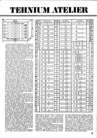 TE
4 ~2.S 22.5
Xl Xl0 Xl000 X10000
010 O O DsriJ
[2]20 O D DVm
lI]3D D O De[!)
[!]4D O O DZI]]
~5D O 'ODt[IJOQDOQJX qOIlOJX~~----:II~OOJX o/x
220
Deoarece capacitatea montajului şi a cordoanelor de
legătură este cam de ordinul de mărime al primei de-
cade tC x 1 pF), se recomandă confecţionarea cutiei
începînd cu decada a doua în sus (C x 10 pF).
O cutie realizată cu 5 decade, utilizînd comutatoare
cu CÎte' 5 clape fiecare, este prezentată în fig. 4. Deşi
funcţionează independent şi pe rezistenţe şi pe capa-
cităţ~ în afară de condensatoarele decadelor respective,
cutia nu conţine în plus decît cele 2 borne pentru ca-
pacităţi. Cu ajutorul ei se pqt obţine rezistenţe de orice
valoare (din ohm în,ohm) între limitele O şi 0,1 ţt!l.
(100 kO) şi <::apacităţi de orice valoare 10 în 10 pF)
între limitele 10 pF şi lMF (10- 6
Peiltfu fiecare decadă, cînd nu este apăsată nici o
clapă, se obţine valoarea O. Apăsînd pe rînd pe cîte o
clapă, se obţin primele 5 cifre semnificative ale decadei
şi apoi apăsînd pe clapa cu cifra 5 şi simultan pe una
din celelalte 4 clape, se obţine cifra corespunzătoare
sumei aritmetice a cifrelor indicate pe cele 2 clape
apăsate. De exenlplu:apăsînd pe Clapa 5 şi pe clapa 2
se obţine valoarea 5+2= 7 corespunzătoare ordinului
de mărime al decadei din care fac parte cifrele 5 şi 2.
însă cea mai mare utilitate a cutiei de valori comu-
tabile se' obţine înlocuind rezistenţele (în schema de
conectare pentru rezistenţe) cu inductanţe de valoare
corespunzătoare (de exemplu, pentru decada x 10,
fig. 1).Se vor substitui R1 =L1 =30,uH, R2 =L2 =40,uH
şi R3 =R4 =L3 =L4 = 10 ,uH), obţitljÎndu-se asţfel o cutie
de inductanţe; aceasta este cu atît mai utilă cu cît rea-
lizarea inductahţelor etalon este o problemă dificilă.
Pentru c~rdoanele de legătură ale cutiei de inductanţe
şi montajele care se reglează se vor respecta aceleaşi
reguli ca şi peritru cutia de rezistenţe. Cu ajutorul unei
cutii de inductanţe, realizată ca în fig. 4, se pot obţine
inductanţe de orice valoare (din 1,uH în 1.aH, valori
mai utile.radioamatorilor) între limitele OH şi 0,1 H
(100 mH). La realizarea practică a cutiei de inductanţe
se va avea grijă ca cele 4 inductanţe care compun o
decadă să fie montate cît mai departe unele de altele şi
cu axele perpendiculare între ele.
Aceasta pentru a reduce pe cît posibil efectul in-
ductanţei mutuale (a cuplajului inductiv între cele 4
inductanţe ale decadei respective). De. asemenea este
birie, în acelaşi scop, ca fiecare decadă să fie ecranată
de decadele din vecinătatea ei printr-un ecran din
material nemagnetic (tablă de cupru, alamă sau alu-
miniu) conectat din punct de vedere electric la masa
comună şi la boma de masă a cutiei. .
Cutiile astfel realizate sînt utile în laborator şi pentra
etalonarea ohmetrelor, capacimetrelor, a punţilor sau
a altor instrumente de măsură ale căror indicaţii depind
de variaţia rezistenţei, a capacităţîi sau' inductanţei
circuitului ai cărui parametri sînt înscrişi pe scala
instrumentului de etalonat Perf()rmanţele ce Se ·pot
obţine cu ajutorul a 4 piese de valori diferite, conectate,
în montajul unui dipol (ansamblu de piese care prezintă
doar o singură poartă de acces realizată prin cele 2
borne), realizat după diferite scheme, sînt departe de
a fi epuizate în montajele decadale folosite tu cutiile
descrise mai sUs. Pentru orientare, prezeptăm. tabelul
alăturat din care rezultă că numai cu,4 rezistenţe (sau
inductanţe) a căror valoare a fost .aleasă astfel încît
formează 4 termeni consecutivi: ai unei progresii geo-
metrice cu raţia 2, se pot obţine prin diferite moduri de
conectare în grupe (dipoli) formate din 1, 2, 3 sau 4
elemente, în total 63 de valori diferite în plaja de la
0,5 la 15 ori valoarea piesei cu coeficientul 1 (primul
termen al seriei geometrice, care se găseşte în tabel
în careul determinat de rîndul A coloana 1).
Coeficientul 1 al UIluia din cele 4 piese considerate
(cea cu valoarea cea mai mică) poate fi multiplicat.
SCHEMA eOEFI COEFI SCHEMA SCHEMA COEFj~ ~ ~
elENT ~ <~DE CONECTARE elENT elEN7 DE CONECTARE DE CONECTARE
o 2 3 4 5 6 7 8 9
F
G
f--
N
după dorinţă. cu.orice alt număr, cu condiţia să. se
respecte valorile celorlalte 3 piese corespunzătoare
sumei. (adică multiplicate şi ele cu aceeaşi cantitate).
Astfel se vor obţine oricare dintre coeficienţii indicaţi
în coloanele 3, 4 şi 7, în funcţie de schemele de conexiuni
din coloanele 2, 5 şi 6. Aceşti coeficienţi sînt valabili
atît pentru .montaje realizate cu rezistenţe cît şi pentru
montajţ realizate cu inductariţe.
De exemplu, alegînd ca primă piesă notată cu coefi-
cientul 1 o rezistenţă de 70, rezultă că am amplificat
coeficientul 1 cu valoarea 7; în mod automat vom alege
a doua pi~să - o rezistenţă de valoarea 2 x 7=140
(careul.B7) şi, respectiv, piesa a treia - 4 x 7= 280, iar
a patra 8 x 7= 56n. Conectîndu-Ie pe toate în deriva-
E
0,97 F
2J4 G
-
2,21 H
15 V
ţie conform schemei din careul E 6, obţinem coeficientul
din careul E 7 (spre care este îndreptată poarta. dipo-
lului obţinut) multiplicat cu aceeaşi cantitate, adică
0,53x7=3,71Q cea mai mică valoare ce se poate
obţine cu aceste 4 rezistenţe. Analog, conectîndu-Ie
după schema serie din careul V 6, se obţine valoarea
coeficientului 15 (V 7). Amplificată tot cu 7, adică 105,
cea mai mare valoare ce se poate obţine cu aceste 4
rezistenţe. Se observă că în plaja de la 0,5.la 15 ori:
valoarea cea mai mică a uneia din cele 4 piese, se ob-
ţine o scară de valori compusă din 63 de trepte cu
înălţimea fiecăreia de numai' 25% din .valoarea cea
mai mică, deci o gamă de valori apropiate care deter-
mină suficient de precis domeniul amintit.
7
 