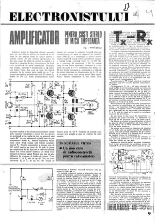 se poate realiza şi din două potenţiometre simple
prin cuplarea mecanică a axelor lor. La intrare
se· montează şi un reglaj de ton cu ajutorul unei
reţele RC, în care elementul reglabil este un ·po-
tenţiometru dublu P l' Pentru realizarea balan-
sului celor două canale este folosit potenţio­
metrul P3' Nivelul semnalului la intrare este de
125 mVef pentru un nivel de 20 mW la ieşire,
pe o impedanţă de 5Q. Aşa cum se vede din schemă,
ICţnţul are două canale identice, cu două tran-
zistoare pe fiecare canal. Primul etaj este un am-
plificator de tensiune, al doilea de putere. Tran-
zistoarele T1 şi T2 sînt de tip BC 109, iar tran-
zistoarele T;, şi T4 de tip AC 181. Etajul de
R,
300
R,l
,!680
+
CONTACTELE
Î NTRERUPĂTORU- ...._.......,(II--_~-kIlI!-1l_2_2_6_....._ .......
LUI(" PlATINA'j
EFD 108 0-1m.A
500..
două
baterii plate de 4,5 V. Credem că această con-
strucţie este simplă şi uşor de realizat de orice
amat.or.
autoinducţie a bobinei. Această tensiune este de
ordinul a 300-350 V.
În vederea măsurării numai a ten~iunilor mici s-a
folosit proprietatea semiconductoarelor. Astfel, în
conducţie directă diodele cu siliciu se deschid în-
cepind cu tensiuni intre 0,5 şi 1 V (de obicei 0,6 V),
iar diodele cu germaniu la o tensiune de 0,3 V (sau
mal mică). Diodele D1 şi Dl sînt cu siliciu, iar D3
cu germaniu. la o tepsiune mai 'mare de 0,6 V, dioda
DI
conduce şi protejează instrumentul de distrugere.
Dioda D2 are acelaşi rol În conducţie, şuntează instru-
mentul pentru a-I feri de tensiunile inverse de auto-
inducţie a bobinei. la tensiuni mici, diodele 01 şi O~
nu conduc, di.oda D3 conduce şi instrumentul indică.
Potenţiometrul semireglabil de aproximativ 0,5-1 1.0
serveşte la şuntarea şi calibrarea instrumentulUi În
caz,,1 cînd se foloseste un instrument diferit de cel
indicat În schemă. Montajui se verifică şi se cali-
brează la o maşină care are aprinderea bine pusă la
punct şi contacte perfecte fără uzură şi joc. Se va
avea o deosebită grijă să se verifice montarea corectă
a diodelor pentru a feri de distrugere.
Piesele se vor monta într-o cutie din material
izolant.
cu sasiul o
rece al. lui LI se' COlne<:te,:lZă
menea scurt) cOhdensatorul
Transformatorul TR folosit de la receptorul
«Mamaia» (cel din circuitul bazelor tranzistoare-
lor finale).
Condensatorul C3
de 1 pF este executat din
d()U~IlU~ăţi de sîrmă. subţire, izolată cu vinilin, de
lUDgime 10-12.. mrn, răsl!ciţe Între ele. Cu ajutorul
potenţiometrului serrdreglabil RI de 10 k n se
alege regimul de superreacţie (prin aucfiţia În difu-
zor a fîşîitului specific).. Clirentul. de C;oIec.t.Qr al
lui T1
trebuie să fie înjurul a 0,8 mA. C!JCi.Jl,ltqrul
poterlţiol11etrt,JIlIi.R.2s~Jeglează regimul luJ.. T
f
ca
să oscHeze continuu pentru emisie (curentu de
colectorlJâ fr(,le3~5 mA),·
Amplificatorul ~e joasă frecvenţă funcţionează
pe recepţie ca amplificator de ascultare, iar pe
emisie - ,ca modulator. Singurul reglaj necesar îl
constituie alegerea valorii rezistenţei Rg astfel
încît tensiunea de pe emitoarele tranzistoarelor
T4
şi Ts faţă de masă să fie egală cu jumătatea
tensiunii de alimentare.
Se pot folosi şi alte tipuri de tranzistoare cu
germaniu de joasă frecvenţă, cu menţiunea ca
două să fie de structură p-n-p, iar două n-p-n.
Ca difuzor s-a folosit o capsulă-telefon produsă
cle Uzinele «Electromagnetica» (de tipul celor cu
paietă liberă, de la noile telefoane montate În
cuti.e de masă plastică).
G:Cl. antenă se fa folosi un «baston» de!LJ~girne
17"cm '{>"/4), care se poate executa din sirrnăde
cupru .<::.e.va ....ma.i.. ~r.oasă(~iametrulde. 2-3 mm).
Ă-riIenase va'conecta la o distanţă de 15 mm faţă
de cCipătul «rece».al.. inductanţei LI'
.. Acordul, În lipsa unui generator de semnale, se
face folosind armonica a 3-a a unui emiţător de
UUS din banda de 145 MHz.
ReglaJul se execută astfel: se aşază condensa-
torul trimer aproximativ ia jumătatea cursei. Se
reglează R} ca să se audă fîşîitul specific al regi-
mului de superreacţie. Se porneşte emiţătorul de
145 MHz, de preferinţă modulat cu un semnal de
joasă frecventă de 500-1000 Hz.
În imediata 'apropiere a emitorului se reglează
valoarea lui Cll pînă va dispare fîşîitul şi se va auzi
În difuzor semnalul de modulaţie. la fel se proce-
dează şi cu celălalt aparat (am presupus că veţi
executa două asemenea aparate pentru a avea
cu ce coresponda): În acest fel am acordat în
bandă cele două receptoare.
Mai trecem unu! din aparate În regim
de emisie ajutorul comutatorului cu3.sectiuni
2 este schimbător.t.rf'de unde la
631-T). Folosind celălalt aparat ca
de control, reglăm potenţiometru! R2
asi-
Încît audiţia să fie cll mai şi nedistor-
9
 