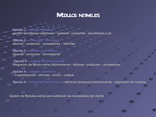 Modulos netme.es Opción 1  -  website marketing gestiòn formularios (webforms) - webmail - campañas - documentos 2 gb Opción 2  –  online ERP commerce facturas - productos – proveedores – informes Opción 3  –  website e-commerce  facturas - productos – proveedores Opción 4  –  website e-commerce plus integracion de tienda online (oscommerce) - facturas - productos – proveedores Opciòn 5  -  company salesforce - Customerportal - informes - sincro – outlook Opciòn 6  –  Enterprise Deployment  –- definicion jerarquica estructura/role - asignaciòn de mòdulos Gestión de Modulos extras para satisfacer las necesidades del cliente 
