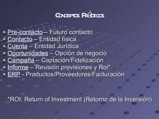 Conceptos Prácticos Pre-contacto  – Futuro contacto Contacto  – Entidad física Cuenta  – Entidad Jurídica Oportunidades  – Opción de negocio Campaña  – Captación/Fidelización  Informe  – Revisión previsiones y Roi* ERP  - Productos/Proveedores/Facturación *ROI: Return of Investment (Retorno de la Inversión) 