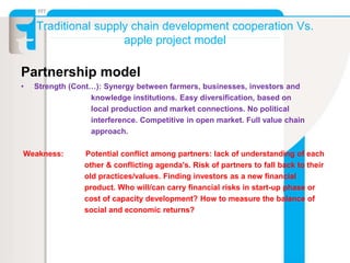 Traditional supply chain development cooperation Vs.
apple project model
Partnership model
• Strength (Cont…): Synergy between farmers, businesses, investors and
knowledge institutions. Easy diversification, based on
local production and market connections. No political
interference. Competitive in open market. Full value chain
approach.
Weakness: Potential conflict among partners: lack of understanding of each
other & conflicting agenda's. Risk of partners to fall back to their
old practices/values. Finding investors as a new financial
product. Who will/can carry financial risks in start-up phase or
cost of capacity development? How to measure the balance of
social and economic returns?
 
