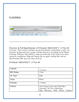 29
O GENERAL
Overview & Full Specifications of O General ASGA18ACT 1.5 Ton AC
Overview: These extreme machines incorporate futuristic technologies, to give you
powerful cooling and power savings. Earning them five star ranking by the Bureau
of Energy Efficiency India (BEE),a rating accorded only to the crème de la crème
among air conditioners. High-end features like an apple catching filter and ion
Deodorization filter give you clean, fresh air.
O General ASGA18ACT 1.5 Ton AC
Capacity:
1.5 Ton(s
BEE Rating: 3 Star
AC Type: Split
Usage Home
Warranty: 1 Year(s)
Features Auto Swing Louver auto Shut Flaps,
Automatic Air Flow Adjustment,
High Efficiency, Multi Airflow, Negative
 