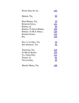 Private View, At the, 103
Quarrel, The, 90
River Maidens, The, 70
Rochester Castle, 131
Rondeau, A, 95
Rondeau. To Austin Dobson, 153
Rondeau. To W. E. Henley, 154
Ruckinge Church, 133
Rye, 144
Soul to the Ideal, The, 10
Sick Journalist, The, 42
Temptation, The, 112
To Walter Sickert, 155
To a Young Poet, 111
Tragedy, A, 81
Two Lullabies, 45
Woman's World, The, 108
 