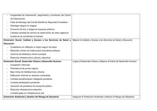 - Incapacidad de intervención, seguimiento y monitoreo del Centro
de Operaciones
- Falta de liderazgo del Comité Distrital de Seguridad Ciudadana
- Patrullaje integral no integral
- Consumo de licor y drogas en espacios públicos
- Limitada cantidad de centros de observación de video vigilancia
- Incidencia de accidentes de tránsito
Dimensión Social: Calidad y Acceso a los Servicios de Salud y
Educación
- Ciudadanos sin afiliación a ningún seguro de salud
- Reducido número de instituciones educativas públicas
- Carencia de biblioteca virtual municipal
- Reducida infraestructura cultural y deportiva
Mejorar la Calidad y Acceso a los Servicios de Salud y Educación
Dimensión Social: Desarrollo Urbano y Desarrollo Humano
- Congestión Vehicular
- Persistencia de puntos negros
- Bajo índice de habilitaciones urbanas
- Edificación informal en sectores vulnerables
- Limitada semaforización inteligente pendiente
- Limitada señalización pendiente
- Ubicación de paraderos de transporte público
- Reducida infraestructura deportiva
- Limitado gasto en infraestructura vial
Lograr el Desarrollo Urbano y Mejorar el Índice de Desarrollo Humano
Dimensión Ambiental y Gestión del Riesgo de Desastres Asegurar la Protección Ambiental y Reducir el Riesgo de Desastres
 