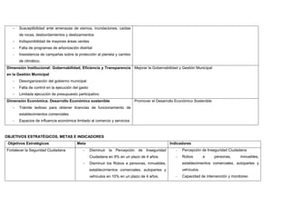- Susceptibilidad ante amenazas de sismos, inundaciones, caídas
de rocas, desbordamientos y deslizamientos
- Indisponibilidad de mayores áreas verdes
- Falta de programas de arborización distrital
- Inexistencia de campañas sobre la protección al planeta y cambio
de climático.
Dimensión Institucional: Gobernabilidad, Eficiencia y Transparencia
en la Gestión Municipal
- Desorganización del gobierno municipal
- Falta de control en la ejecución del gasto
- Limitada ejecución de presupuesto participativo
Mejorar la Gobernabilidad y Gestión Municipal
Dimensión Económica: Desarrollo Económico sostenible
- Trámite tedioso para obtener licencias de funcionamiento de
establecimientos comerciales
- Espacios de influencia económica limitado al comercio y servicios
Promover el Desarrollo Económico Sostenible
OBJETIVOS ESTRATÉGICOS, METAS E INDICADORES
Objetivos Estratégicos Meta Indicadores
Fortalecer la Seguridad Ciudadana - Disminuir la Percepción de Inseguridad
Ciudadana en 8% en un plazo de 4 años.
- Disminuir los Robos a personas, inmuebles,
establecimientos comerciales, autopartes y
vehículos en 10% en un plazo de 4 años.
- Percepción de Inseguridad Ciudadana
- Robos a personas, inmuebles,
establecimientos comerciales, autopartes y
vehículos.
- Capacidad de intervención y monitoreo
 