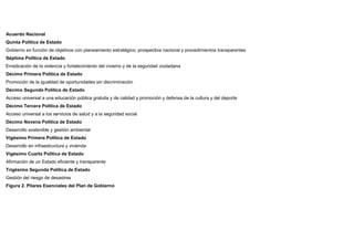 Acuerdo Nacional
Quinta Política de Estado
Gobierno en función de objetivos con planeamiento estratégico, prospectiva nacional y procedimientos transparentes
Séptima Política de Estado
Erradicación de la violencia y fortalecimiento del civismo y de la seguridad ciudadana
Décimo Primera Política de Estado
Promoción de la igualdad de oportunidades sin discriminación
Décimo Segunda Política de Estado
Acceso universal a una educación pública gratuita y de calidad y promoción y defensa de la cultura y del deporte
Décimo Tercera Política de Estado
Acceso universal a los servicios de salud y a la seguridad social
Décimo Novena Política de Estado
Desarrollo sostenible y gestión ambiental
Vigésimo Primera Política de Estado
Desarrollo en infraestructura y vivienda
Vigésimo Cuarta Política de Estado
Afirmación de un Estado eficiente y transparente
Trigésimo Segunda Política de Estado
Gestión del riesgo de desastres
Figura 2. Pilares Esenciales del Plan de Gobierno
 