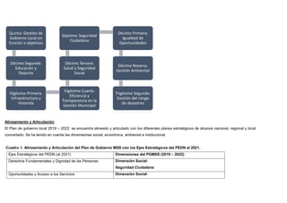 Alineamiento y Articulación
El Plan de gobierno local 2019 – 2022, se encuentra alineado y articulado con los diferentes planes estratégicos de alcance nacional, regional y local
concertado. Se ha tenido en cuenta las dimensiones social, económica, ambiental e institucional.
Cuadro 1. Alineamiento y Articulación del Plan de Gobierno MSS con los Ejes Estratégicos del PEDN al 2021.
Ejes Estratégicos del PEDN (al 2021) Dimensiones del PGMSS (2019 – 2022)
Derechos Fundamentales y Dignidad de las Personas Dimensión Social:
Seguridad Ciudadana
Oportunidades y Acceso a los Servicios Dimensión Social:
Quinta: Gestión de
Gobierno Local en
función a objetivos
Décimo Segunda:
Educación y
Deporte
Vigésimo Primera:
Infraestructura y
Vivienda
Vigésimo Cuarta:
Eficiencia y
Transparencia en la
Gestión Municipal
Décimo Tercera:
Salud y Seguridad
Social
Séptima: Seguridad
Ciudadana
Décimo Primera:
Igualdad de
Oportunidades
Décimo Novena:
Gestión Ambiental
Trigésimo Segunda:
Gestión del riesgo
de desastres
 