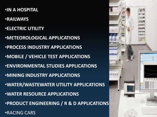 •IN A HOSPITAL
•RAILWAYS
•ELECTRIC UTILITY
•METEOROLOGICAL APPLICATIONS
•PROCESS INDUSTRY APPLICATIONS
•MOBILE / VEHICLE TEST APPLICATIONS
•ENVIRONMENTAL STUDIES APPLICATIONS
•MINING INDUSTRY APPLICATIONS
•WATER/WASTEWATER UTILITY APPLICATIONS
•WATER RESOURCE APPLICATIONS
•PRODUCT ENGINEERING / R & D APPLICATIONS
•RACING CARS
 