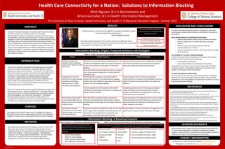 RESEARCH POSTER PRESENTATION DESIGN © 2012
www.PosterPresentations.com
This poster introduces the topic of Information Blocking which hinders
the ONC’s ability to successfully implement a nationwide
interoperability network. This literature review focuses on the issue of
interoperability, Information Blocking barriers, solutions and proposed
strategies as well as the professional opinions and interpretations of the
ONC report by Karen DeSalvo (Acting Assistant Secretary for Health in
the U.S. Department of Health and Human Services), Matthews Burwell
(the 22nd United States Secretary of Health and Human Services), and
Ashley Thomas (Legal Fellow for the Office of Legal Affairs at Presence
Health in Chicago, IL). In conclusion, Information Blocking has not been
dealt with in a serious manner and continues to remain a road block to
our healthcare industry.
ABSTRACT
The future of healthcare information technology relies on achieving a
system of semantic interoperability, cooperation between vendors,
healthcare providers and associations. “In June 2014, the Office of the
National Coordinator for Health Information Technology (ONC) laid out
a vision for a future health IT ecosystem where electronic health
information is appropriately and readily available to empower
consumers, support clinical decision-making, inform population and
public health and value based payment, and advance science1”.
However, the current state of interoperability in the United State has
been hampered due to several barriers.
One of the major barriers that has impeded information exchange is the
phenomenon known as “Information Blocking.” “Information Blocking
occurs when persons or entities knowingly and unreasonably interfere
with the exchange or use of electronic information1”. Information
Blocking prevents physicians and healthcare organizations from
providing effective patient-centered care, enhancing healthcare quality
and efficiency, and advancing research and public health1.
INTRODUCTION
RESULTS DISCUSSION AND CONCLUSIONS
REFERENCES
ACKNOWLEDGMENTS
We would like to give a special thank you to the faculty and staff of the
UT Austin Health Informatics and Health IT Professional Education
program, and specifically to Dr. Leanne Field for her guidance, beneficial
feedback, and support in the development of this poster.
The University of Texas at Austin, Health Informatics and Health IT Professional Education Program , Summer 2016
Minh Nguyen, B.S in Biochemistry and
Arturo Gonzalez, B.S in Health Information Management
Health Care Connectivity for a Nation: Solutions to Information Blocking
METHODS
This project was completed with the guidance from Dr. Leanne Field.
We used Academic Search Complete and Google Scholar to locate
published articles for this poster. We searched the following keywords:
“information blocking,” “information exchange,” “interoperability
roadmap,” and “interoperability standardization.” We also reviewed
articles from the ONC and the American Health Information
Management Association Body of Knowledge (AHIMA) websites.
1. The Office of the National Coordinator for Health Information Technology (ONC), Report to
Congress, (April 2015). Retrieved June 24 from
http://www.healthit.gov/sites/default/files/reports/info_blocking_040915.pdf.
2. Office of the National Coordinator for Health Information Technology. (2015b). Connecting health
and care for the nation: A shared nationwide interoperability roadmap. Retrieved from
https://www.healthit.gov/sites/default/files/hie-interoperability/nationwide-interoperability-
roadmap-final-version-1.0.pdf
3. Dvorak, K. (2015, April 28). ONC's Karen DeSalvo outlines 3 steps to interoperability. Retrieved
June 24, 2016, from http://www.fiercehealthcare.com/it/onc-s-karen-desalvo-outlines-3-steps-to-
interoperability
4. LIVE FROM HIMSS16: HHS Secretary Mathews Burwell Announces Major Industry Commitments
to Data-Sharing, Consumer Access, Interoperability. (2016, February 29). Retrieved June 24, 2016,
from http://www.healthcare-informatics.com/article/live-himss-hhs-secretary-mathews-burwell-
announces-major-industry-commitments-data-sharing#.V2Rs3Vea068.gmail
5. HIMSS Conference. (2016, February 29). Retrieved June 29, 2016, from
http://www.hhs.gov/about/leadership/secretary/speeches/2016/himss-conference.html
6. Thomas, A. (2015). American Bar Association. On Lock Down: Health Information Blocking as a
Barrier to Interoperability. Retrieved July 19, 2016, from
http://www.americanbar.org/publications/aba_health_esource/2014-2015/july/lockdown.html
CONTACT INFORMATION
PURPOSE
The purpose of this research project was to investigate the origins of
information blocking and to assess proposed solutions and strategies to
mitigate this major barrier to nationwide health information exchange.
“Unlocking data is a key part of our efforts to transform healthcare system
that works better for all Americans.”
- Sylvia Matthews Burwell
Sylvia Mary Mathews Burwell is the current US Secretary of Health and Human
Services (HHS) since 2014. Previously she was the Director of the White House Office
of Management and Budget from 2013 to 2014.
Three new federal commitments
proposed by the US Secretary of HHS
Matthews Burwell4:
Enhance consumer access
Restrict Information Blocking
Implement nationally recognized
standards and policies
Information Blocking: Origins, Proposed Solutions and Strategies
In February 2016, the US Secretary of HHS,
Sylvia Matthews Burwell proposed four critical
pathways towards a Nationwide Interoperability
Roadmap :
• Demand interoperability
• Speak the same language
• Private and secure data moving
• Work together to unblock data
Origins Possible Solutions Proposed Strategies
Healthcare vendors and
providers restrict individuals’
access to their electronic health
information.
Promote the coordination between Federal Agencies and
the ONC to investigate and take action against healthcare
vendors and providers that participate in Information
Blocking.
Continue public and private sector collaboration to develop
and drive the consistent use of standards and standards-
based technologies that enable interoperability.
Work with Standards Developing Organizations to develop
more robust technical testing tools to enforce ONC HIT
certification rule.
Charging prices or fees for
services such as data exchange,
portability and interfaces,
making electronic health
information cost prohibitive.
Promote greater transparency in certified health IT
products and services in the market place by engaging
vendors to be more reliable and open about their health IT
products and their exchange capability.
Foster a business, clinical, cultural, and regulatory
environment that is conducive to the exchange of electronic
health information for improved health care quality and
efficiency.
Promote competition and innovation in the health IT
market place to discourage the imposition of charges and
fees by healthcare vendors.
Establish governance rules for the sharing of protected
health information and its open exchange to prevent
providers and vendors from imposing costs or fees that
would make HIE cost-prohibitive.
Intentionally creating health IT
in non-standard ways that are
likely to increase the complexity
of electronic HIE.
Work with CMS to coordinate health care payment
incentives and leverage other market drivers to reward
interoperability and exchange and discourage information
blocking.
Clarify requirements and expectations for secure and trusted
exchange of electronic health information, consistent with
privacy protections and individuals’ preferences, across
states, networks, and entities.
Intentionally creating an
environment that encourages
fraud and abuse in the use of
Information Blocking.
Improve the collaboration between the ONC and the Office
of Civil Rights (OCR) to establish and enforce policies and
national laws that would prevent and penalize those
participating in intentional Information Blocking .
Establish effective rules and mechanisms of engagement and
governance for electronic health information exchange.
Art Gonzalez, B.S in Health Information Management: artg23336@gmail.com
Minh Nguyen, B.S in Biochemistry: minhnhat231194@utexas.edu
Currently, Information Blocking remains an ongoing and unresolved
issue because multiple entities continue to contribute to the gravity of
the problem.
FOUR MAJOR ORIGINS OF INFORMATION BLOCKING:
• Vendors and providers restrict access to health information.
• Vendors charge prices for health information exchange
services.
• Vendors create non-standard ways that make the
interoperability more complex.
• Vendors and providers create an environment that encourages
fraud and abuse.
THE PROMISE OF THE NEW FEDERAL ROADMAP
In order to stop Information Blocking, the US Secretary of HHS, Sylvia
Matthews Burwell has proposed the following:
• Three Federal Commitments
• Four Critical Pathways to nationwide interoperability
Along with the Secretary’s promise, several major health IT vendors,
healthcare systems, and healthcare professional associations have
agreed to participate in the these initiatives.
ACTION THAT MUST BE TAKEN NOW!
The time to act is now. The future of healthcare industry is hampered
heavily by the issue of Information Blocking. Federal, state, and local
organizations must come together and implement new policies and laws
to prevent Information Blocking.
Information Blocking: A Roadmap Forward
HHS’s announcement of healthcare vendors, systems and professional associations that have agreed
to participate in the Nationwide Interoperability Roadmap:
 Ascension Health
 Johns Hopkins Medical
 Community Health
Systems
 Trinity Health
 Greenway
 Athenahealth
 Allscripts
 Cerner
 Epic
 American Academy of Family Physicians (AAFP)
 American College of Physicians (ACP)
 American Medical Association (AMA)
 American Hospital Association (AHA)
Table 1: Origin, solutions and strategies to combat Information Blocking1
Table 2: Vision for a Nationwide Interoperability Roadmap5 Table 3: Selected entities participating in the Nationwide Interoperability Roadmap4
 