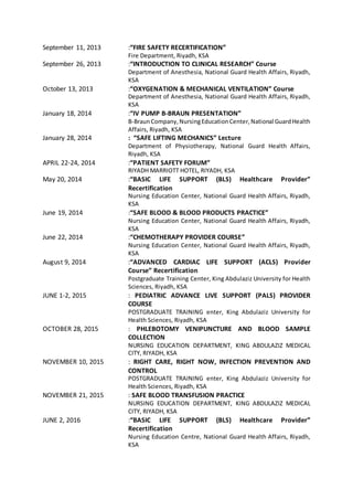 September 11, 2013 :“FIRE SAFETY RECERTIFICATION”
Fire Department, Riyadh, KSA
September 26, 2013 :“INTRODUCTION TO CLINICAL RESEARCH” Course
Department of Anesthesia, National Guard Health Affairs, Riyadh,
KSA
October 13, 2013 :“OXYGENATION & MECHANICAL VENTILATION” Course
Department of Anesthesia, National Guard Health Affairs, Riyadh,
KSA
January 18, 2014 :“IV PUMP B-BRAUN PRESENTATION”
B-BraunCompany,NursingEducationCenter,National GuardHealth
Affairs, Riyadh, KSA
January 28, 2014 : “SAFE LIFTING MECHANICS” Lecture
Department of Physiotherapy, National Guard Health Affairs,
Riyadh, KSA
APRIL 22-24, 2014 :“PATIENT SAFETY FORUM”
RIYADH MARRIOTT HOTEL, RIYADH, KSA
May 20, 2014 :“BASIC LIFE SUPPORT (BLS) Healthcare Provider”
Recertification
Nursing Education Center, National Guard Health Affairs, Riyadh,
KSA
June 19, 2014 :“SAFE BLOOD & BLOOD PRODUCTS PRACTICE”
Nursing Education Center, National Guard Health Affairs, Riyadh,
KSA
June 22, 2014 :“CHEMOTHERAPY PROVIDER COURSE”
Nursing Education Center, National Guard Health Affairs, Riyadh,
KSA
August 9, 2014 :“ADVANCED CARDIAC LIFE SUPPORT (ACLS) Provider
Course” Recertification
Postgraduate Training Center, King Abdulaziz University for Health
Sciences, Riyadh, KSA
JUNE 1-2, 2015 : PEDIATRIC ADVANCE LIVE SUPPORT (PALS) PROVIDER
COURSE
POSTGRADUATE TRAINING enter, King Abdulaziz University for
Health Sciences, Riyadh, KSA
OCTOBER 28, 2015 : PHLEBOTOMY VENIPUNCTURE AND BLOOD SAMPLE
COLLECTION
NURSING EDUCATION DEPARTMENT, KING ABDULAZIZ MEDICAL
CITY, RIYADH, KSA
NOVEMBER 10, 2015 : RIGHT CARE, RIGHT NOW, INFECTION PREVENTION AND
CONTROL
POSTGRADUATE TRAINING enter, King Abdulaziz University for
Health Sciences, Riyadh, KSA
NOVEMBER 21, 2015 : SAFE BLOOD TRANSFUSION PRACTICE
NURSING EDUCATION DEPARTMENT, KING ABDULAZIZ MEDICAL
CITY, RIYADH, KSA
JUNE 2, 2016 :“BASIC LIFE SUPPORT (BLS) Healthcare Provider”
Recertification
Nursing Education Centre, National Guard Health Affairs, Riyadh,
KSA
 