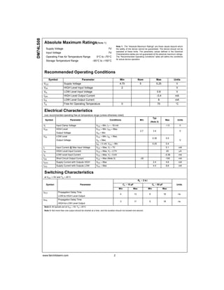 www.fairchildsemi.com 2
DM74LS08
Absolute Maximum Ratings(Note 1)
Note 1: The “Absolute Maximum Ratings” are those values beyond which
the safety of the device cannot be guaranteed. The device should not be
operated at these limits. The parametric values defined in the Electrical
Characteristics tables are not guaranteed at the absolute maximum ratings.
The “Recommended Operating Conditions” table will define the conditions
for actual device operation.
Recommended Operating Conditions
Electrical Characteristics
over recommended operating free air temperature range (unless otherwise noted)
Switching Characteristics
at VCC = 5V and TA = 25°C
Note 2: All typicals are at VCC = 5V, TA = 25°C.
Note 3: Not more than one output should be shorted at a time, and the duration should not exceed one second.
Supply Voltage 7V
Input Voltage 7V
Operating Free Air Temperature Range 0°C to +70°C
Storage Temperature Range −65°C to +150°C
Symbol Parameter Min Nom Max Units
VCC Supply Voltage 4.75 5 5.25 V
VIH HIGH Level Input Voltage 2 V
VIL LOW Level Input Voltage 0.8 V
IOH HIGH Level Output Current −0.4 mA
IOL LOW Level Output Current 8 mA
TA Free Air Operating Temperature 0 70 °C
Symbol Parameter Conditions Min
Typ
Max Units
(Note 2)
VI Input Clamp Voltage VCC = Min, II = −18 mA −1.5 V
VOH HIGH Level VCC = Min, IOH = Max,
2.7 3.4 V
Output Voltage VIH = Min
VOL LOW Level VCC = Min, IOL = Max,
0.35 0.5
Output Voltage VIL = Max V
IOL = 4 mA, VCC = Min 0.25 0.4
II Input Current @ Max Input Voltage VCC = Max, VI = 7V 0.1 mA
IIH HIGH Level Input Current VCC = Max, VI = 2.7V 20 µA
IIL LOW Level Input Current VCC = Max, VI = 0.4V −0.36 mA
IOS Short Circuit Output Current VCC = Max (Note 3) −20 −100 mA
ICCH Supply Current with Outputs HIGH VCC = Max 2.4 4.8 mA
ICCL Supply Current with Outputs LOW VCC = Max 4.4 8.8 mA
RL = 2 kΩ
Symbol Parameter CL = 15 pF CL = 50 pF Units
Min Max Min Max
tPLH Propagation Delay Time
4 13 6 18 ns
LOW-to-HIGH Level Output
tPHL Propagation Delay Time
3 11 5 18 ns
HIGH-to-LOW Level Output
 