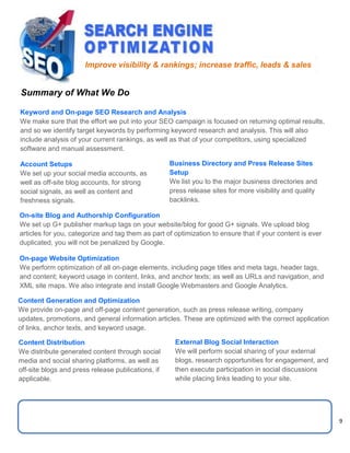 9
1 9 9
Keyword and On-page SEO Research and Analysis
We make sure that the effort we put into your SEO campaign is focused on returning optimal results,
and so we identify target keywords by performing keyword research and analysis. This will also
include analysis of your current rankings, as well as that of your competitors, using specialized
software and manual assessment.
Account Setups
We set up your social media accounts, as
well as off-site blog accounts, for strong
social signals, as well as content and
freshness signals.
On-site Blog and Authorship Configuration
We set up G+ publisher markup tags on your website/blog for good G+ signals. We upload blog
articles for you, categorize and tag them as part of optimization to ensure that if your content is ever
duplicated, you will not be penalized by Google.
On-page Website Optimization
We perform optimization of all on-page elements, including page titles and meta tags, header tags,
and content; keyword usage in content, links, and anchor texts; as well as URLs and navigation, and
XML site maps. We also integrate and install Google Webmasters and Google Analytics.
Content Generation and Optimization
We provide on-page and off-page content generation, such as press release writing, company
updates, promotions, and general information articles. These are optimized with the correct application
of links, anchor texts, and keyword usage.
Content Distribution
We distribute generated content through social
media and social sharing platforms, as well as
off-site blogs and press release publications, if
applicable.
Business Directory and Press Release Sites
Setup
We list you to the major business directories and
press release sites for more visibility and quality
backlinks.
External Blog Social Interaction
We will perform social sharing of your external
blogs, research opportunities for engagement, and
then execute participation in social discussions
while placing links leading to your site.
Summary of What We Do
Improve visibility & rankings; increase traffic, leads & sales
 