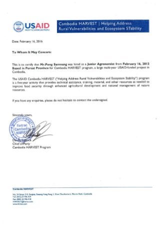 Work Recommendation Letter from Cambodia HARVEST