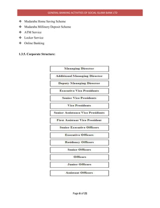 GENERAL BANKING ACTIVITIES OF SOCIAL ISLAMI BANK LTD
Page 6 of 21
 Mudaraba Home Saving Scheme
 Mudaraba Millinery Deposit Scheme
 ATM Service
 Locker Service
 Online Banking
1.3.5. Corporate Structure:
 