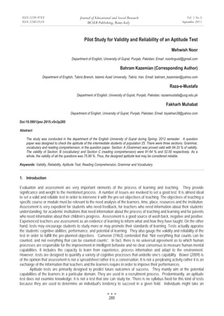 Pilot Study for Validity and Reliability of an Aptitude Test | PDF