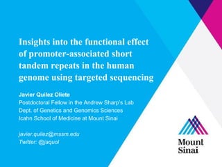 Insights into the functional effect
of promoter-associated short
tandem repeats in the human
genome using targeted sequencing
Javier Quilez Oliete
Postdoctoral Fellow in the Andrew Sharp’s Lab
Dept. of Genetics and Genomics Sciences
Icahn School of Medicine at Mount Sinai
javier.quilez@mssm.edu
Twitter: @jaquol
 