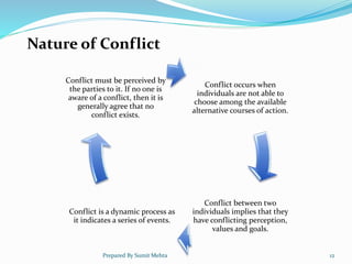 Conflict occurs when
individuals are not able to
choose among the available
alternative courses of action.
Conflict between two
individuals implies that they
have conflicting perception,
values and goals.
Conflict is a dynamic process as
it indicates a series of events.
Conflict must be perceived by
the parties to it. If no one is
aware of a conflict, then it is
generally agree that no
conflict exists.
Nature of Conflict
Prepared By Sumit Mehta 12
 