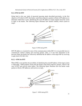 International Journal of Network Security & Its Applications (IJNSA) Vol.7, No.4, July 2015
21
8.1.1. ENG for DTT
Going back to the case study of password guessing attack described previously, in the first
objective of S which is DTT, the hacker sends threat objective packets to block of IP addresses to
determine which host is alive. Identifying the exact IP address to target requires from the victim
to reply to the hacker. The following figure illustrates how hackers identify which system to
target.
Figure 5: ENG during DTT.
DTT IP address is essential for most of the communication within INF. It is not possible hosts to
communicate without sending and receiving packets. Thus, as it has been illustrated in the
previous figure the hacker has effectively identified the IP address of the target INF by receiving
a reply from (192.168.1.44).
8.1.2. ¬ ENG for DTT
When ENG is not satisfied, the possibility of identifying the actual IP address of the target system
is impossible. ¬ENG property means that the hacker sends threat objective packets, which is the
case of DTT and receives none replies. The following figure illustrates how the hacker sends
packets to block of IP addresses and receives no reply.
Figure 5: ¬ENG during DTT.
 
