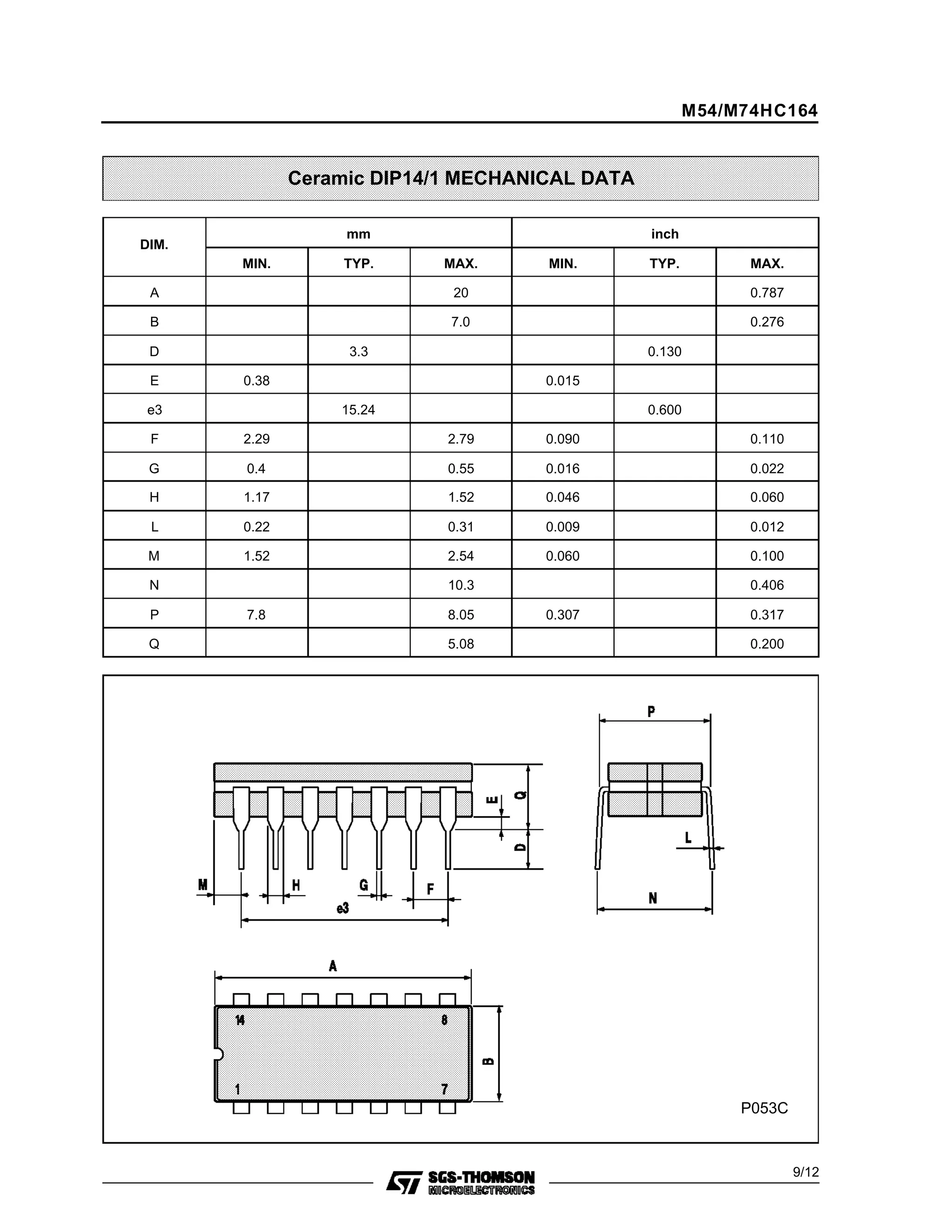 Ceramic DIP14/1 MECHANICAL DATA
DIM.
mm inch
MIN. TYP. MAX. MIN. TYP. MAX.
A 20 0.787
B 7.0 0.276
D 3.3 0.130
E 0.38 0.015
e3 15.24 0.600
F 2.29 2.79 0.090 0.110
G 0.4 0.55 0.016 0.022
H 1.17 1.52 0.046 0.060
L 0.22 0.31 0.009 0.012
M 1.52 2.54 0.060 0.100
N 10.3 0.406
P 7.8 8.05 0.307 0.317
Q 5.08 0.200
P053C
M54/M74HC164
9/12
 