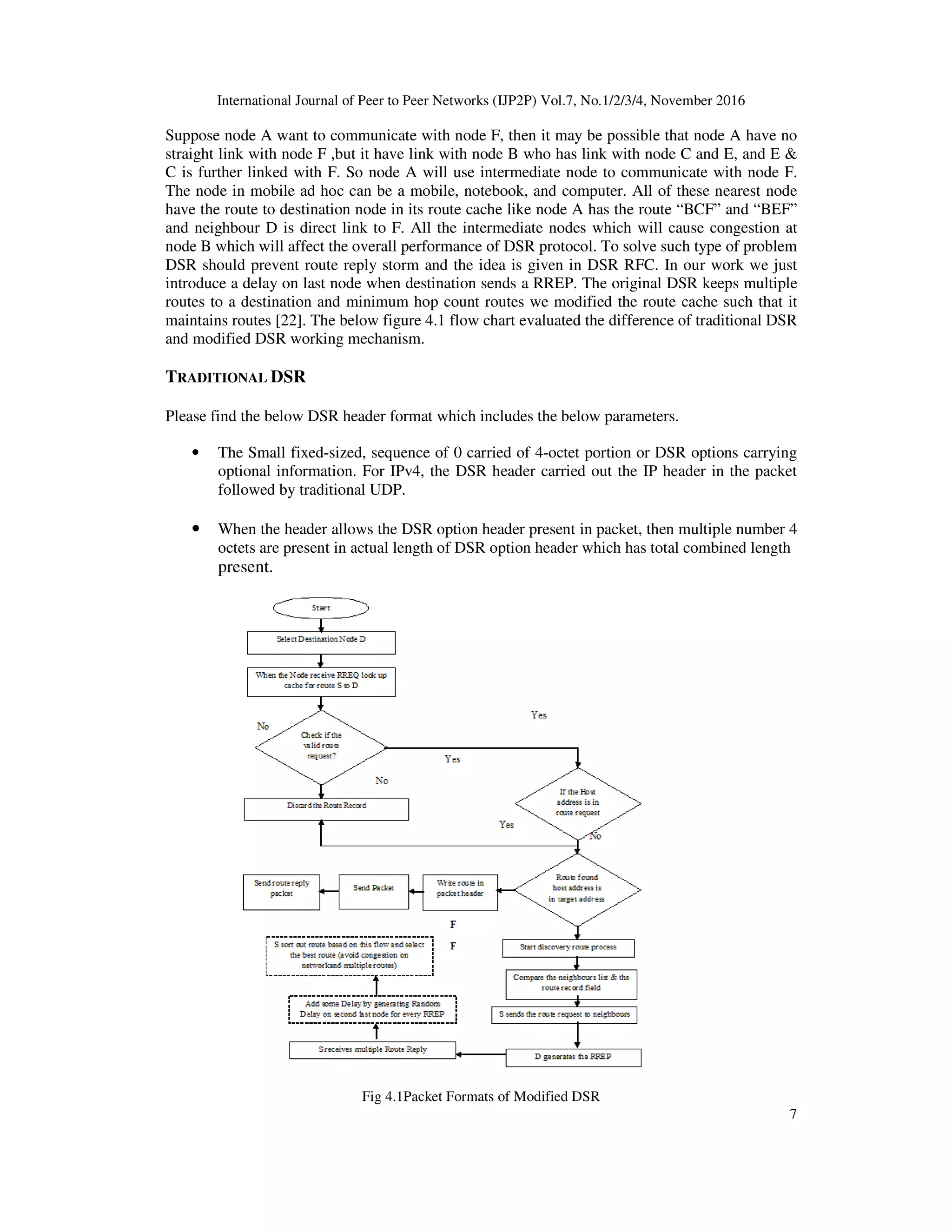 International Journal of Peer to Peer Networks (IJP2P) Vol.7, No.1/2/3/4, November 2016
7
Suppose node A want to communicate with node F, then it may be possible that node A have no
straight link with node F ,but it have link with node B who has link with node C and E, and E &
C is further linked with F. So node A will use intermediate node to communicate with node F.
The node in mobile ad hoc can be a mobile, notebook, and computer. All of these nearest node
have the route to destination node in its route cache like node A has the route “BCF” and “BEF”
and neighbour D is direct link to F. All the intermediate nodes which will cause congestion at
node B which will affect the overall performance of DSR protocol. To solve such type of problem
DSR should prevent route reply storm and the idea is given in DSR RFC. In our work we just
introduce a delay on last node when destination sends a RREP. The original DSR keeps multiple
routes to a destination and minimum hop count routes we modified the route cache such that it
maintains routes [22]. The below figure 4.1 flow chart evaluated the difference of traditional DSR
and modified DSR working mechanism.
TRADITIONAL DSR
Please find the below DSR header format which includes the below parameters.
• The Small fixed-sized, sequence of 0 carried of 4-octet portion or DSR options carrying
optional information. For IPv4, the DSR header carried out the IP header in the packet
followed by traditional UDP.
• When the header allows the DSR option header present in packet, then multiple number 4
octets are present in actual length of DSR option header which has total combined length
present.
Fig 4.1Packet Formats of Modified DSR
 