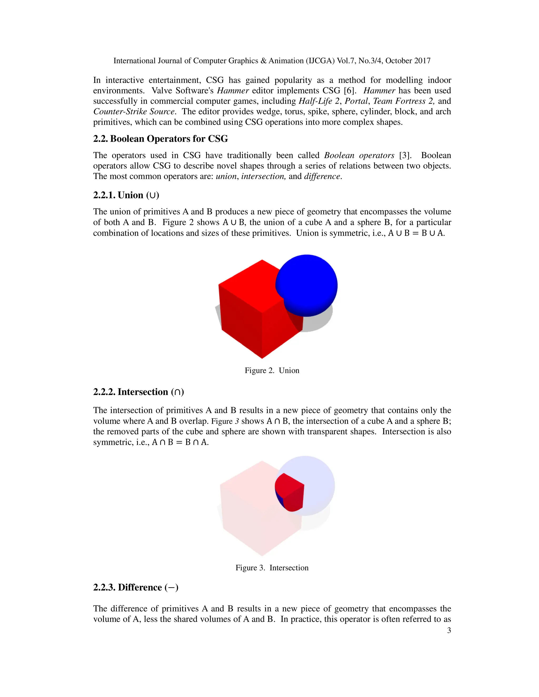 International Journal of Computer Graphics & Animation (IJCGA) Vol.7, No.3/4, October 2017
3
In interactive entertainment, CSG has gained popularity as a method for modelling indoor
environments. Valve Software's Hammer editor implements CSG [6]. Hammer has been used
successfully in commercial computer games, including Half-Life 2, Portal, Team Fortress 2, and
Counter-Strike Source. The editor provides wedge, torus, spike, sphere, cylinder, block, and arch
primitives, which can be combined using CSG operations into more complex shapes.
2.2. Boolean Operators for CSG
The operators used in CSG have traditionally been called Boolean operators [3]. Boolean
operators allow CSG to describe novel shapes through a series of relations between two objects.
The most common operators are: union, intersection, and difference.
2.2.1. Union (∪)
The union of primitives A and B produces a new piece of geometry that encompasses the volume
of both A and B. Figure 2 shows A ∪ B, the union of a cube A and a sphere B, for a particular
combination of locations and sizes of these primitives. Union is symmetric, i.e., A ∪ B = B ∪ A.
Figure 2. Union
2.2.2. Intersection (∩)
The intersection of primitives A and B results in a new piece of geometry that contains only the
volume where A and B overlap. Figure 3 shows A ∩ B, the intersection of a cube A and a sphere B;
the removed parts of the cube and sphere are shown with transparent shapes. Intersection is also
symmetric, i.e., A ∩ B = B ∩ A.
Figure 3. Intersection
2.2.3. Difference (−)
The difference of primitives A and B results in a new piece of geometry that encompasses the
volume of A, less the shared volumes of A and B. In practice, this operator is often referred to as
 