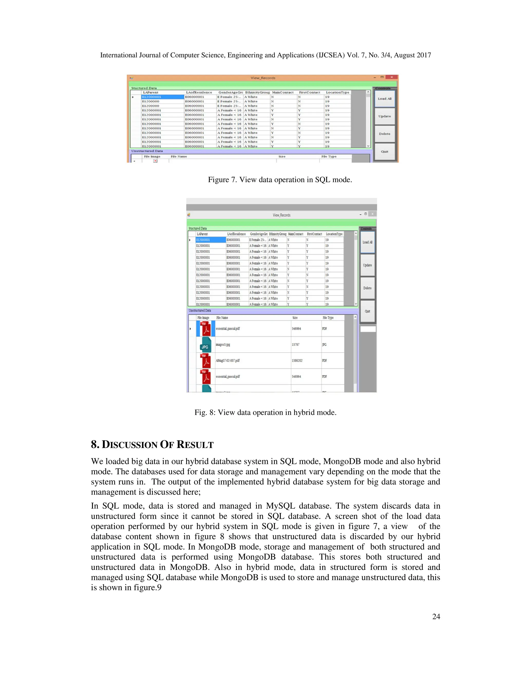 International Journal of Computer Science, Engineering and Applications (IJCSEA) Vol. 7, No. 3/4, August 2017 24 Figure 7. View data operation in SQL mode. Fig. 8: View data operation in hybrid mode. 8. DISCUSSION OF RESULT We loaded big data in our hybrid database system in SQL mode, MongoDB mode and also hybrid mode. The databases used for data storage and management vary depending on the mode that the system runs in. The output of the implemented hybrid database system for big data storage and management is discussed here; In SQL mode, data is stored and managed in MySQL database. The system discards data in unstructured form since it cannot be stored in SQL database. A screen shot of the load data operation performed by our hybrid system in SQL mode is given in figure 7, a view of the database content shown in figure 8 shows that unstructured data is discarded by our hybrid application in SQL mode. In MongoDB mode, storage and management of both structured and unstructured data is performed using MongoDB database. This stores both structured and unstructured data in MongoDB. Also in hybrid mode, data in structured form is stored and managed using SQL database while MongoDB is used to store and manage unstructured data, this is shown in figure.9 