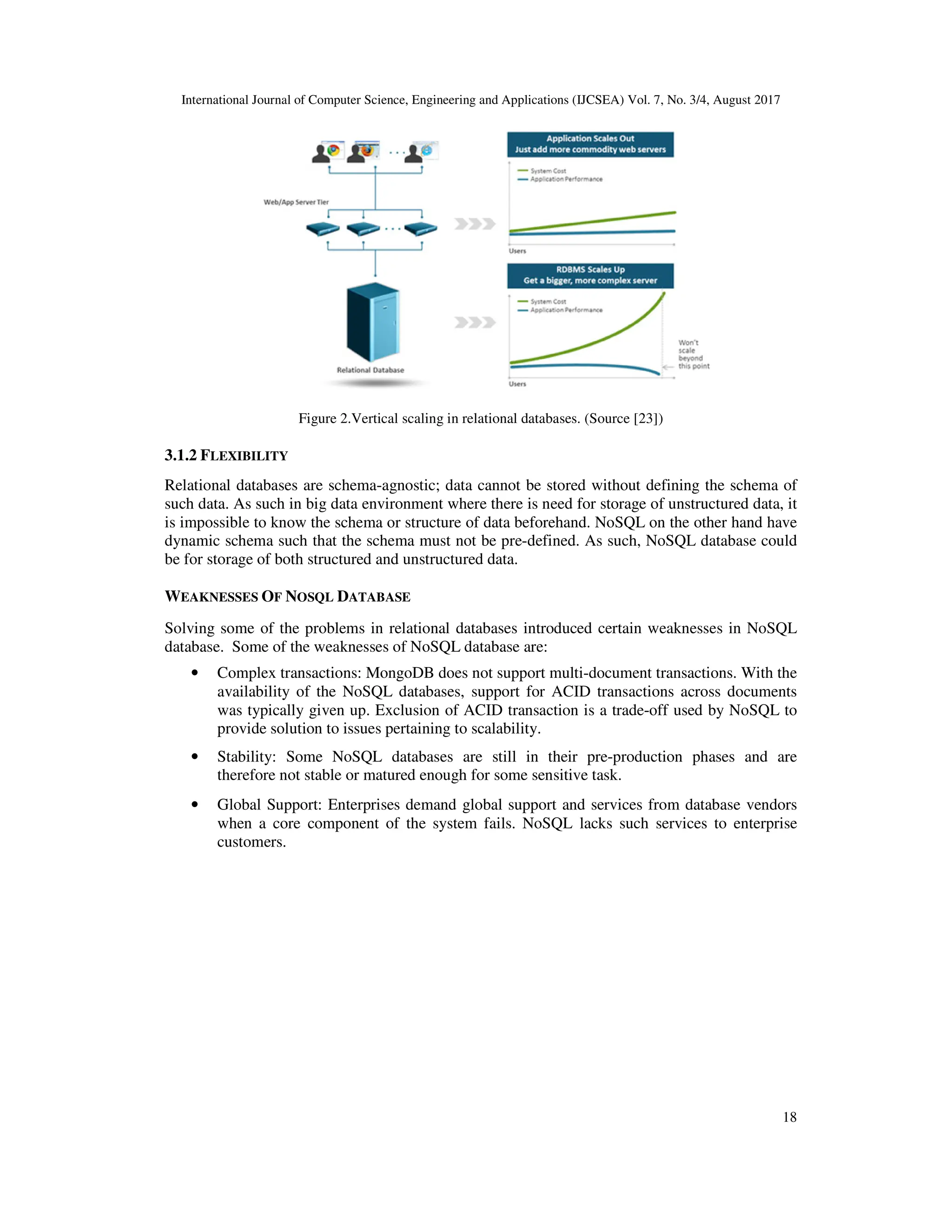 International Journal of Computer Science, Engineering and Applications (IJCSEA) Vol. 7, No. 3/4, August 2017 18 Figure 2.Vertical scaling in relational databases. (Source [23]) 3.1.2 FLEXIBILITY Relational databases are schema-agnostic; data cannot be stored without defining the schema of such data. As such in big data environment where there is need for storage of unstructured data, it is impossible to know the schema or structure of data beforehand. NoSQL on the other hand have dynamic schema such that the schema must not be pre-defined. As such, NoSQL database could be for storage of both structured and unstructured data. WEAKNESSES OF NOSQL DATABASE Solving some of the problems in relational databases introduced certain weaknesses in NoSQL database. Some of the weaknesses of NoSQL database are: • Complex transactions: MongoDB does not support multi-document transactions. With the availability of the NoSQL databases, support for ACID transactions across documents was typically given up. Exclusion of ACID transaction is a trade-off used by NoSQL to provide solution to issues pertaining to scalability. • Stability: Some NoSQL databases are still in their pre-production phases and are therefore not stable or matured enough for some sensitive task. • Global Support: Enterprises demand global support and services from database vendors when a core component of the system fails. NoSQL lacks such services to enterprise customers. 