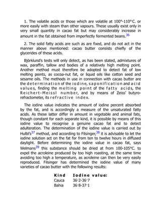 1. The volatile acids or those which are volatile at 100°-110° C. or
more easily with steam than other vapours. These usually exist only in
very small quantity in cacao fat but may considerably increase in
amount in the fat obtained from imperfectly fermented beans.36
2. The solid fatty acids are such as are fixed, and do not act in the
manner above mentioned: cacao butter consists chiefly of the
glycerides of these acids.
Björklund’s tests will only detect, as has been stated, admixtures of
wax, paraffin, tallow and bodies of a relatively high melting point.
Another method must therefore be adopted to detect fat of low
melting points, as cocoa-nut fat, or liquid oils like cotton seed and
sesame oils. The methods in use in connection with cacao butter are
the d e t e r m i n a t i o n of the i o d i n e, s a p o n i f i c a t i o n and a c i d
v a l u e s, finding the m e l t i n g p o i n t of the f a t t y a c i d s, the
R e i c h e r t - M e i s s l n u m b e r, and by means of Zeiss’ butyro-
refractometer, its r e f r a c t i v e i n d e x.
The iodine value indicates the amount of iodine percent absorbed
by the fat, and is accordingly a measure of the unsaturated fatty
acids. As these latter differ in amount in vegetable and animal fats,
though constant for each separate kind, it is possible by means of this
iodine value to recognise a genuine cacao fat and to detect
adulteration. The determination of the iodine value is carried out by
Hulbl’s37 method, and according to Filsinger,38 it is advisable to let the
iodine solution act on the fat for from ten to twelve hours in diffused
daylight. Before determining the iodine value in cacao fat, says
Welmans39 this substance should be dried at from 100-105°C. to
expel the acroleine produced by too high roasting, at the same time
avoiding too high a temperature, as acroleine can then be very easily
reproduced. Filsinger has determined the iodine value of many
varieties of cacao butter with the following results:
K i n d I o d i n e v a l u e:
Cauca 36·2-36·7
Bahia 36·8-37·1
 