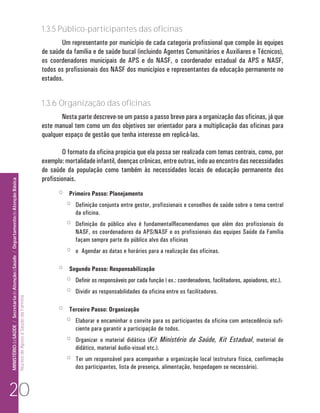 1.3.5 Público-participantes das oficinas
                                                                                                                             Um representante por município de cada categoria profissional que compõe às equipes
                                                                                                                      de saúde da família e de saúde bucal (incluindo Agentes Comunitários e Auxiliares e Técnicos),
                                                                                                                      os coordenadores municipais de APS e do NASF, o coordenador estadual da APS e NASF,
                                                                                                                      todos os profissionais dos NASF dos municípios e representantes da educação permanente no
                                                                                                                      estados.


                                                                                                                      1.3.6 Organização das oficinas
                                                                                                                             Nesta parte descreve-se um passo a passo breve para a organização das oficinas, já que
                                                                                                                      este manual tem como um dos objetivos ser orientador para a multiplicação das oficinas para
                                                                                                                      qualquer espaço de gestão que tenha interesse em replicá-las.

                                                                                                                              O formato da oficina propicia que ela possa ser realizada com temas centrais, como, por
                                                                                                                      exemplo: mortalidade infantil, doenças crônicas, entre outras, indo ao encontro das necessidades
                                                                                                                      de saúde da população como também às necessidades locais de educação permanente dos
                                                                                                                      profissionais.
MINISTÉRIO da SAÚDE / Secretaria de Atenção à Saúde / Departamento de Atenção Básica




                                                                                                                             j       Primeiro Passo: Planejamento
                                                                                                                                 j     Definição conjunta entre gestor, profissionais e conselhos de saúde sobre o tema central
                                                                                                                                       da oficina.
                                                                                                                                 j     Definição do público alvo é fundamentalRecomendamos que além dos profissionais do
                                                                                                                                       NASF, os coordenadores da APS/NASF e os profissionais das equipes Saúde da Família
                                                                                                                                       façam sempre parte do público alvo das oficinas
                                                                                                                                 j     o Agendar as datas e horários para a realização das oficinas.

                                                                                                                             j       Segundo Passo: Responsabilização
                                                                                                                                 j     Definir os responsáveis por cada função ( ex.: coordenadores, facilitadores, apoiadores, etc.).
                                                                                                                                 j     Dividir as responsabilidades da oficina entre os facilitadores.
                                                                                 Núcleo de Apoio a Saúde da Família




                                                                                                                             j       Terceiro Passo: Organização
                                                                                                                                 j     Elaborar e encaminhar o convite para os participantes da oficina com antecedência sufi-
                                                                                                                                       ciente para garantir a participação de todos.
                                                                                                                                 j     Organizar o material didático (Kit Ministério da Saúde, Kit Estadual, material de
                                                                                                                                       didático, material áudio-visual etc.).
                                                                                                                                 j     Ter um responsável para acompanhar a organização local (estrutura física, confirmação
                                                                                                                                       dos participantes, lista de presença, alimentação, hospedagem se necessário).



20
 