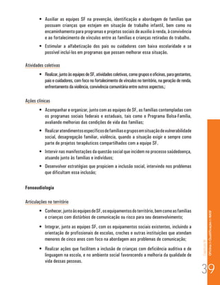 •	 Auxiliar as equipes SF na prevenção, identificação e abordagem de famílias que
           possuam crianças que estejam em situação de trabalho infantil, bem como no
           encaminhamento para programas e projetos sociais de auxilio à renda, à convivência
           e ao fortalecimento de vínculos entre as famílias e crianças retiradas do trabalho.
        •	 Estimular a alfabetização dos pais ou cuidadores com baixa escolaridade e se
           possível incluí-los em programas que possam melhorar essa situação.

Atividades coletivas
        •	 Realizar, junto às equipes de SF, atividades coletivas, como grupos e oficinas, para gestantes,
           pais e cuidadores, com foco no fortalecimento de vínculos no território, na geração de renda,
           enfrentamento da violência, convivência comunitária entre outros aspectos.;

Ações clínicas
        •	 Acompanhar e organizar, junto com as equipes de SF, as famílias contempladas com
           os programas sociais federais e estaduais, tais como o Programa Bolsa-Família,
           avaliando melhorias das condições de vida das famílias;
        •	 Realizar atendimentos específicos de famílias e grupos em situação de vulnerabilidade
           social, desagregação familiar, violência, quando a situação exigir e sempre como
           parte de projetos terapêuticos compartilhados com a equipe SF.
        •	 Intervir nas manifestações da questão social que incidem no processo saúdedoença,
           atuando junto às famílias e indivíduos;
        •	 Desenvolver estratégias que propiciem a inclusão social, intervindo nos problemas
           que dificultam essa inclusão;

Fonoaudiologia

Articulações no território
        •	 Conhecer, junto às equipes de SF, os equipamentos do território, bem como as famílias                            Of icina de Qualificação do NASF

           e crianças com distúrbios de comunicação ou risco para seu desenvolvimento;
        •	 Integrar, junto as equipes SF, com os equipamentos sociais existentes, incluindo a
           orientação de profissionais de escolas, creches e outras instituições que atendam
           menores de cinco anos com foco na abordagem aos problemas de comunicação;
                                                                                                             Capítulo III




        •	 Realizar ações que facilitem a inclusão de crianças com deficiência auditiva e de
           linguagem na escola, e no ambiente social favorecendo a melhoria da qualidade de
           vida dessas pessoas.

                                                                                                             39
 